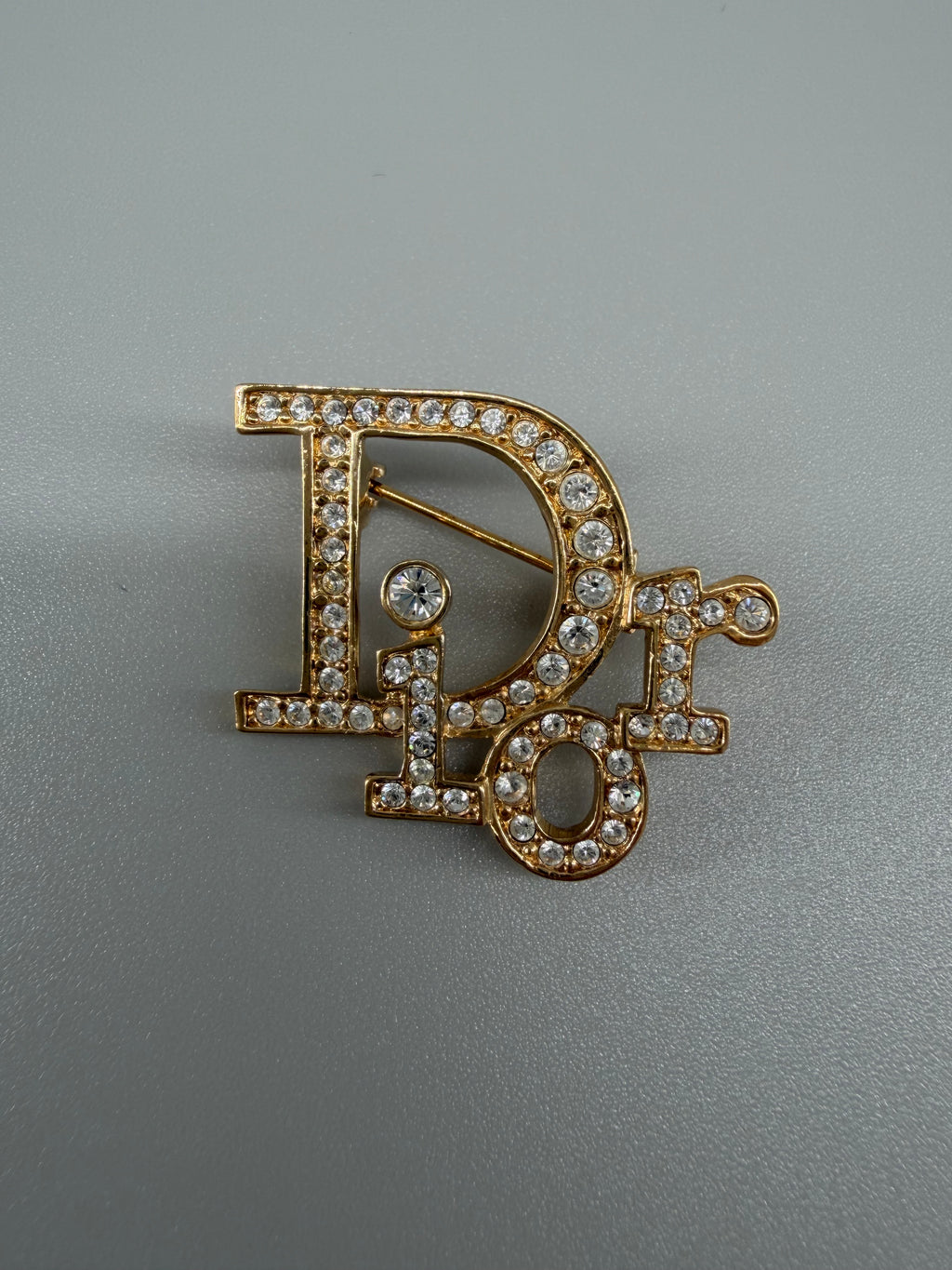 Vintage Christian Dior CD Logo Crystal Brooch – Gold-Tone Rhinestone Pin