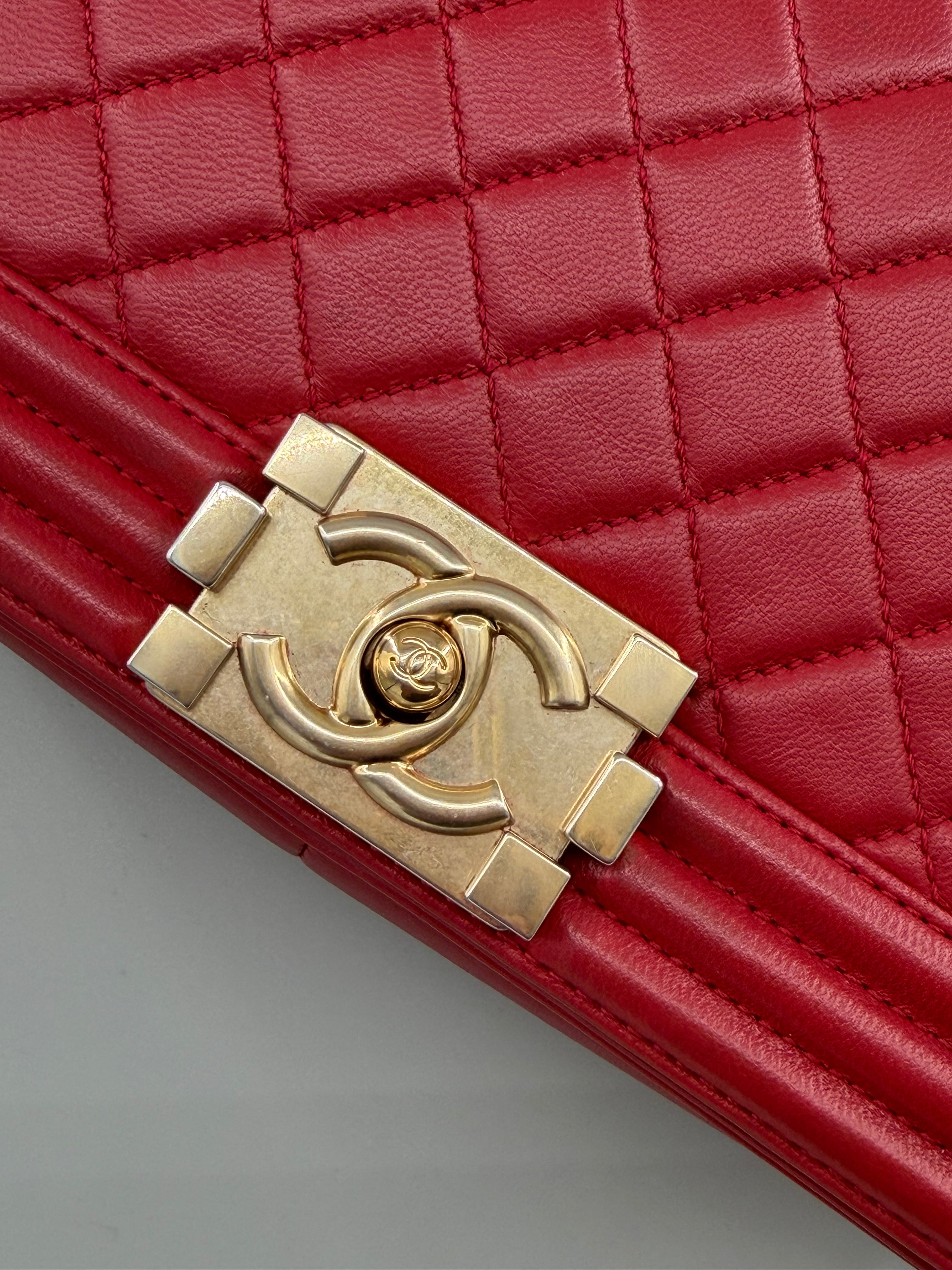 Chanel Boy Old Medium Flap Bag Red Quilted Lambskin Leather Aged Gold Hardware 2016-2017