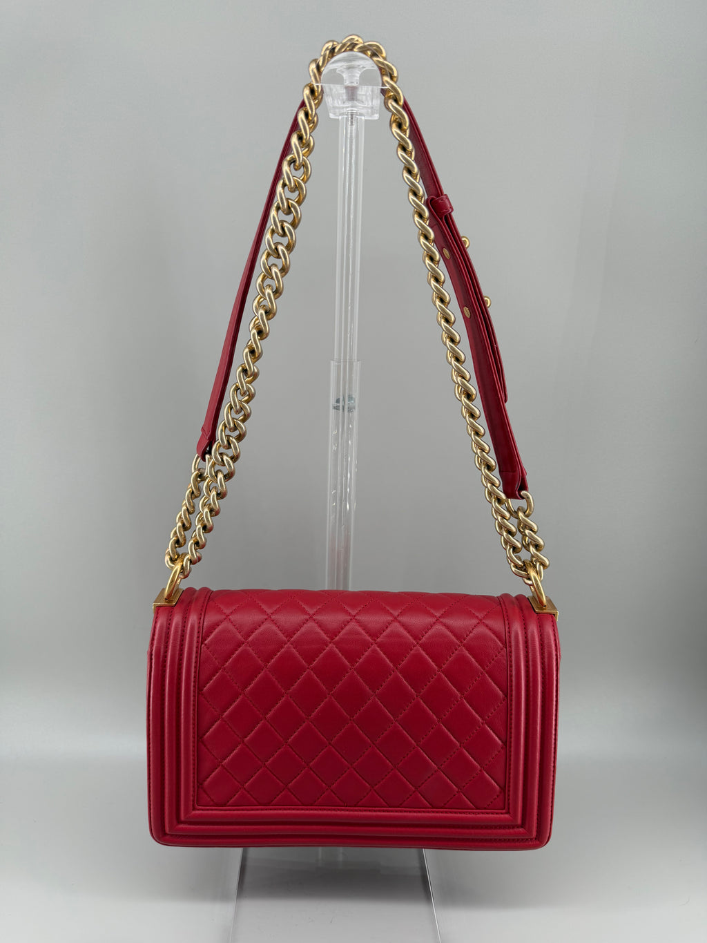 Chanel Boy Old Medium Flap Bag Red Quilted Lambskin Leather Aged Gold Hardware 2016-2017