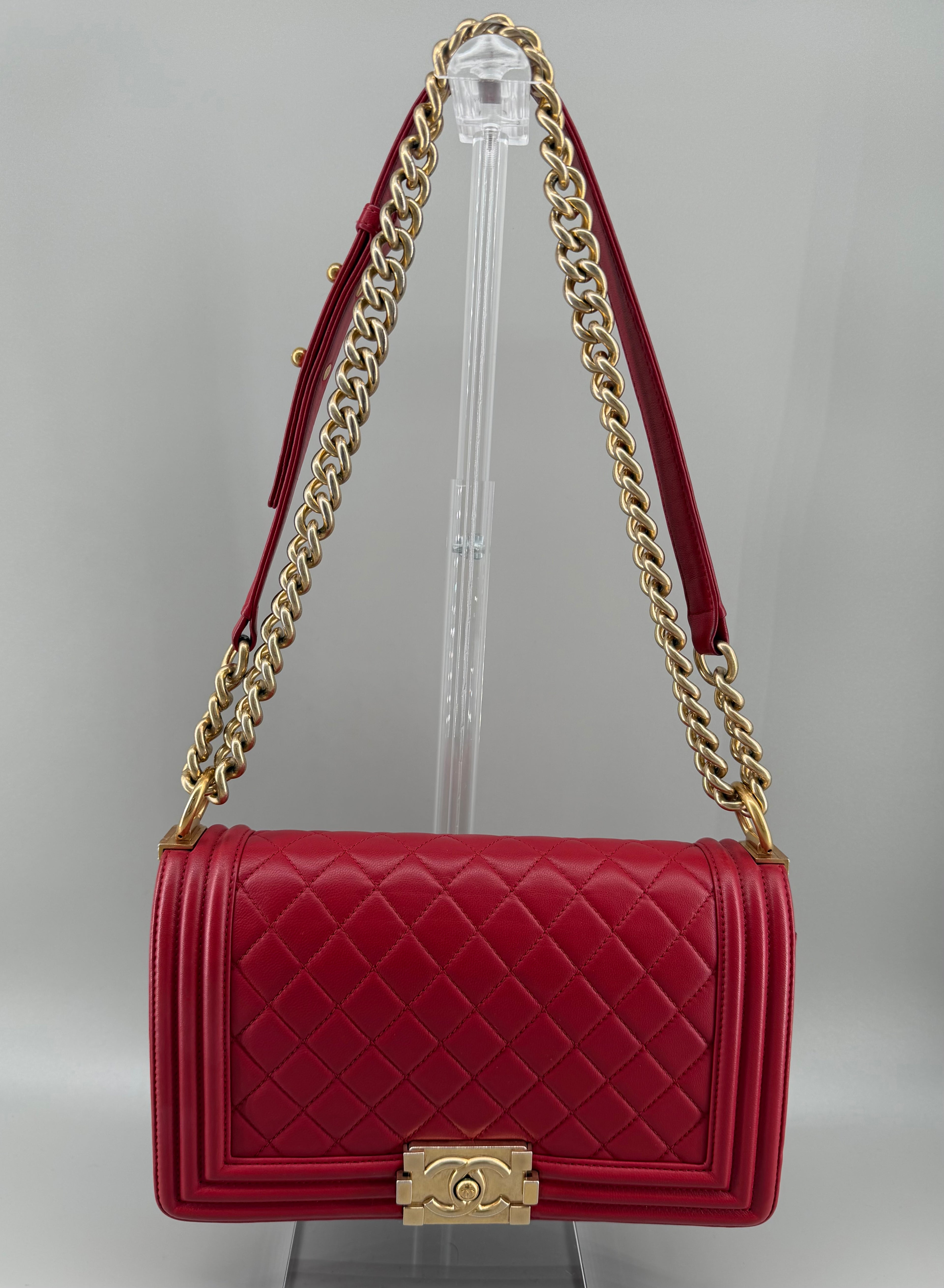 Chanel Boy Old Medium Flap Bag Red Quilted Lambskin Leather Aged Gold Hardware 2016-2017