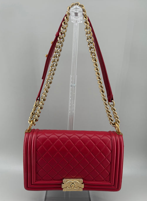 Chanel Boy Old Medium Flap Bag Red Quilted Lambskin Leather Aged Gold Hardware 2016-2017