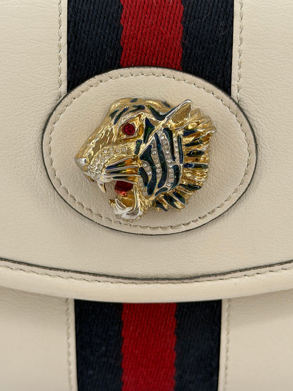 Gucci Rajah Ivory Leather Chain Wallet Crossbody with Web Stripe & Tiger Head