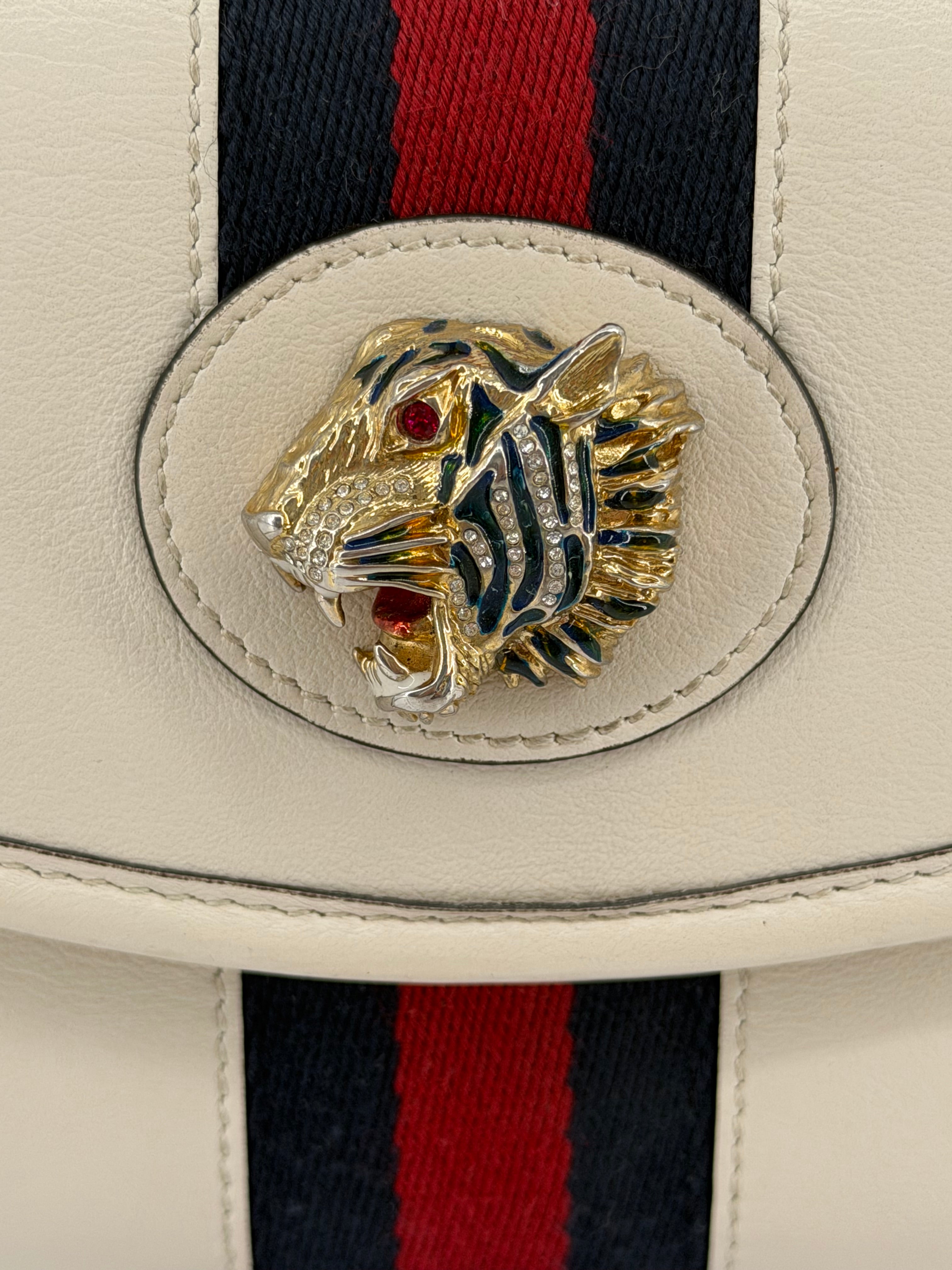 Gucci Rajah Ivory Leather Chain Wallet Crossbody with Web Stripe & Tiger Head