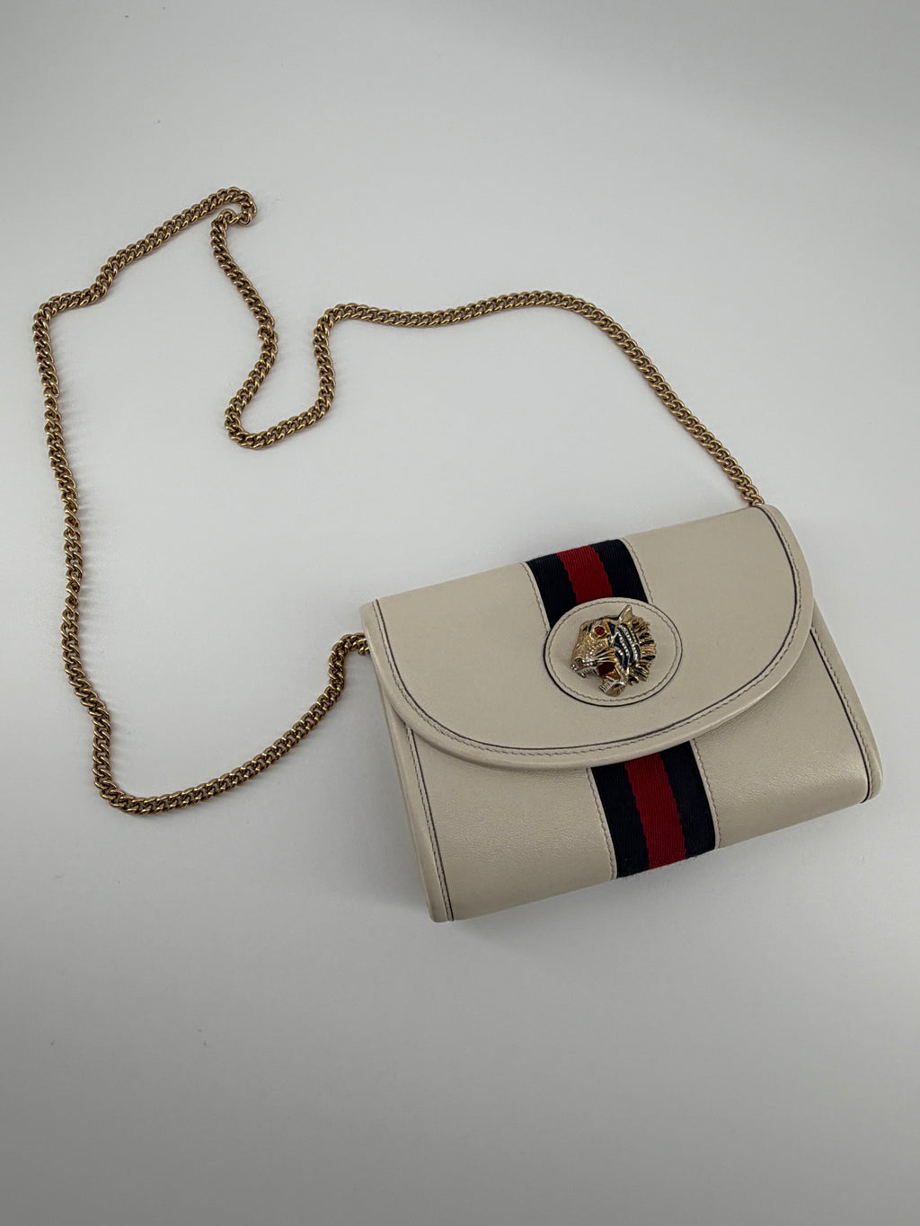 Gucci Rajah Ivory Leather Chain Wallet Crossbody with Web Stripe & Tiger Head