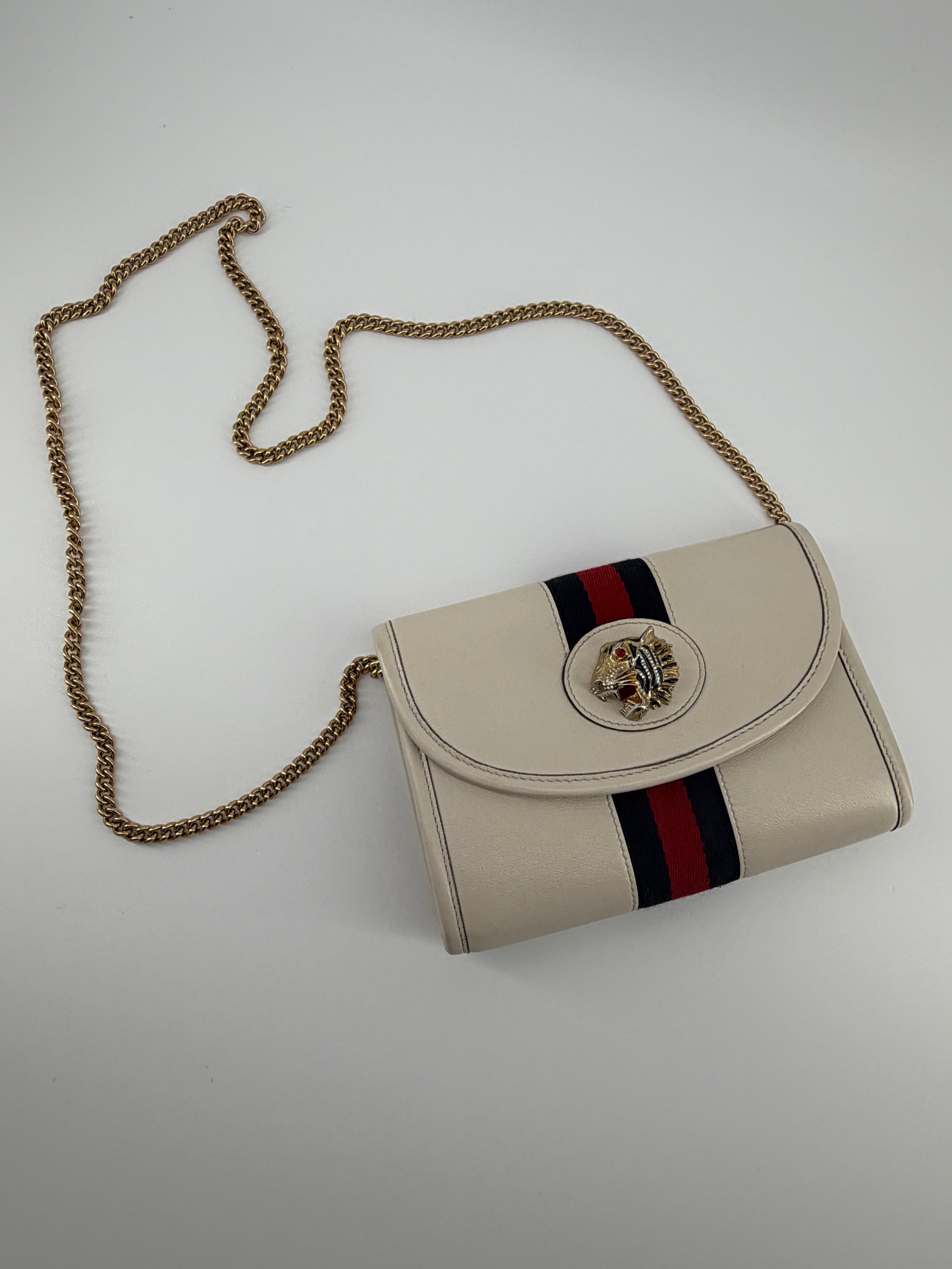 Gucci Rajah Ivory Leather Chain Wallet Crossbody with Web Stripe & Tiger Head