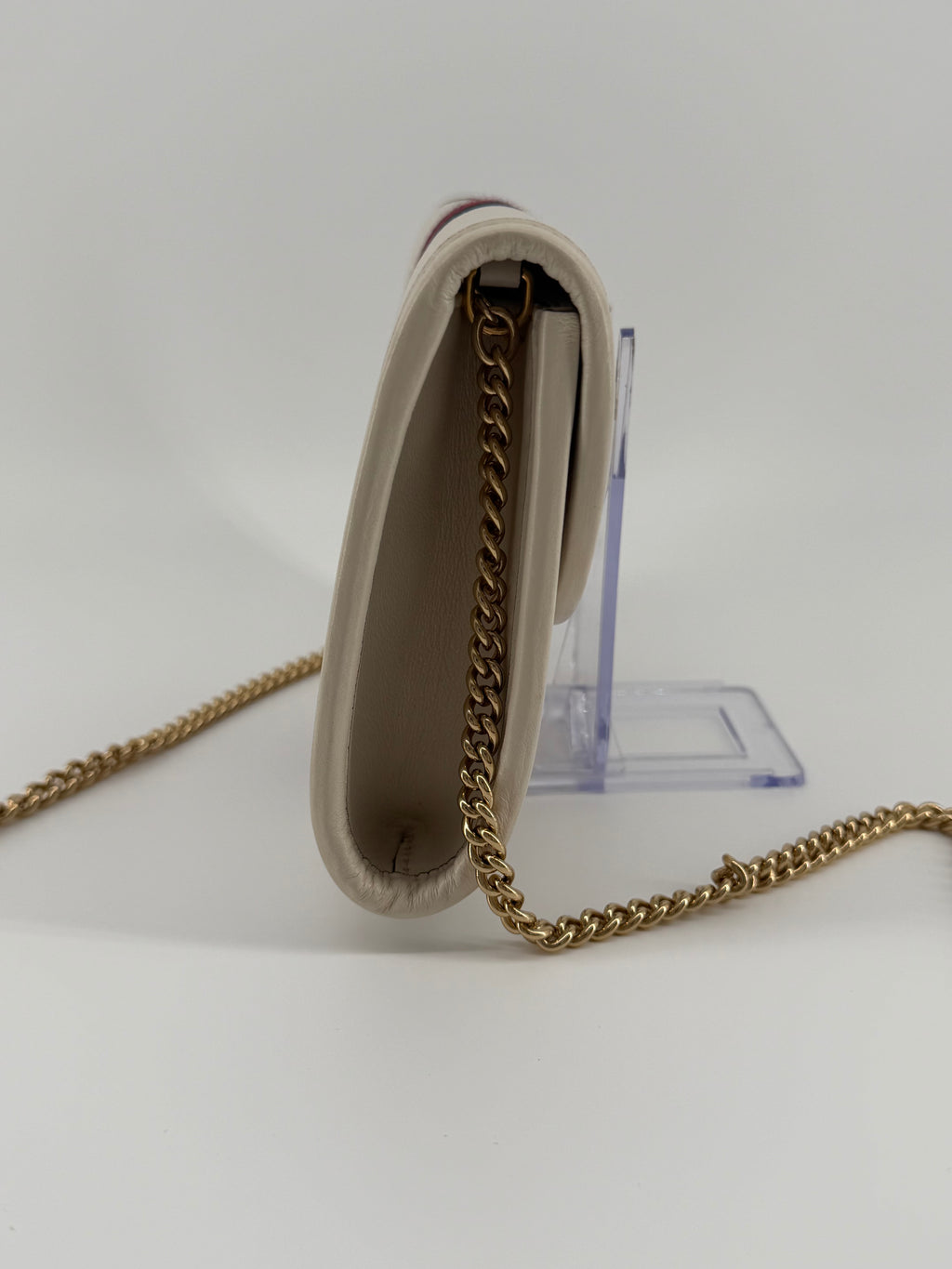 Gucci Rajah Ivory Leather Chain Wallet Crossbody with Web Stripe & Tiger Head