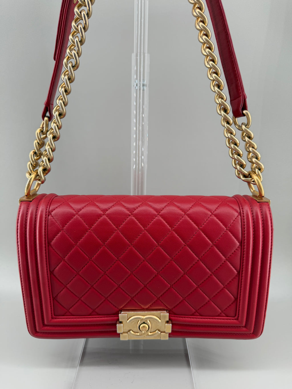 Chanel Boy Old Medium Flap Bag Red Quilted Lambskin Leather Aged Gold Hardware 2016-2017