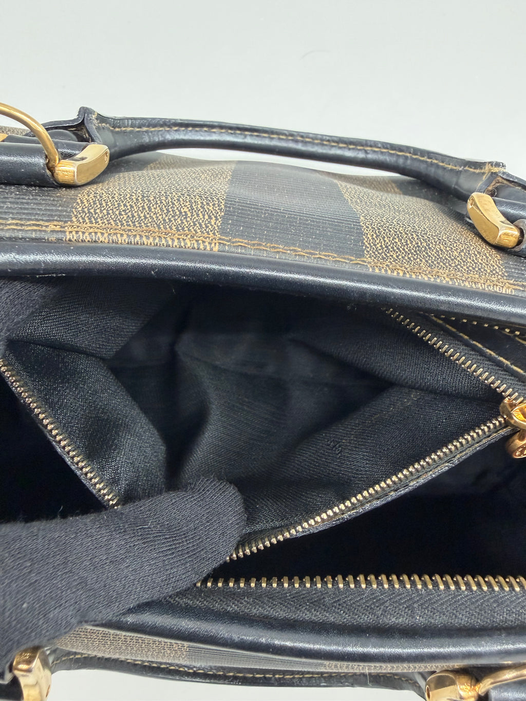 Vintage Fendi Pequin Boston Bag – Black & Brown Striped Canvas with Leather Trim