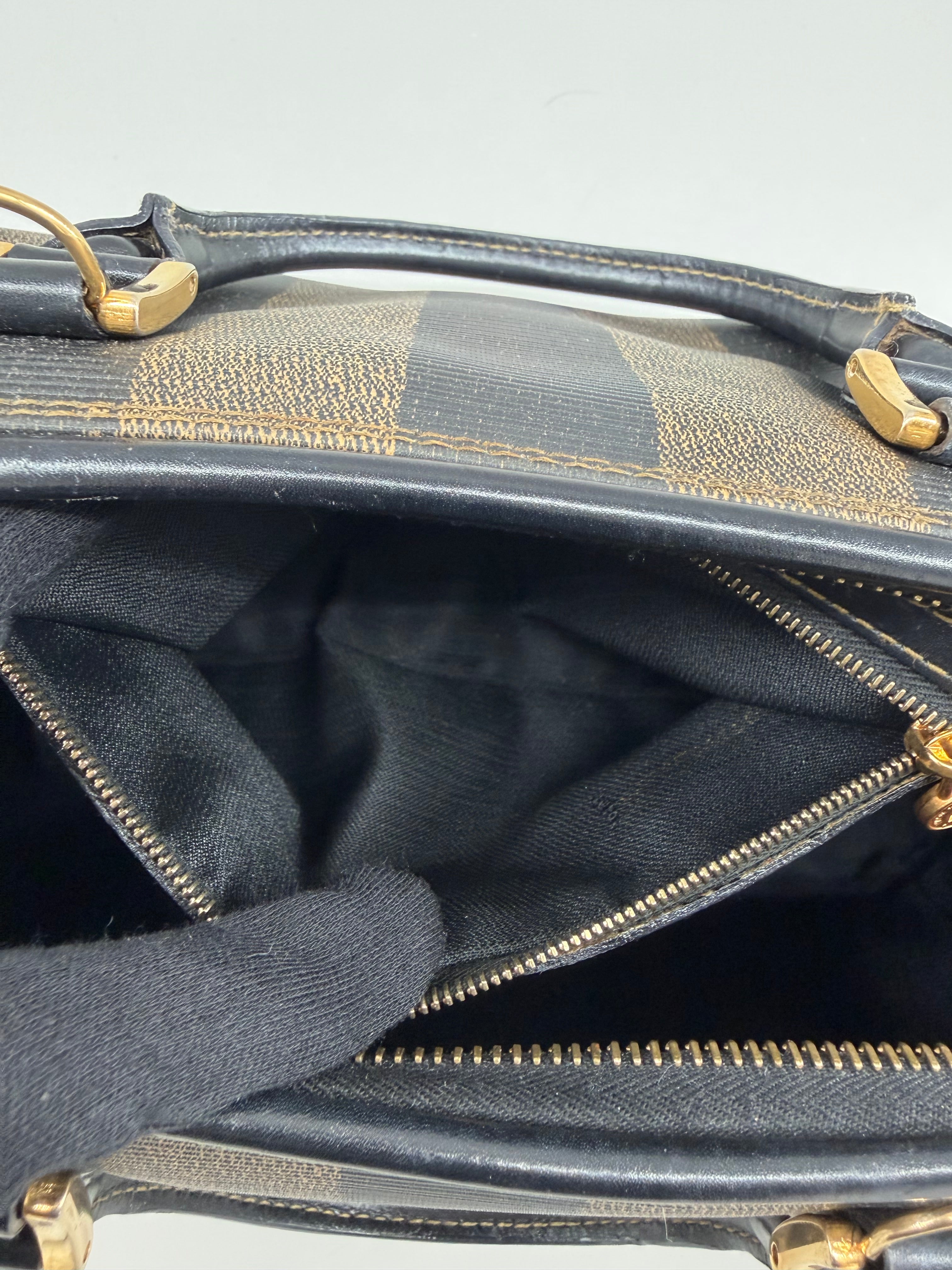 Vintage Fendi Pequin Boston Bag – Black & Brown Striped Canvas with Leather Trim