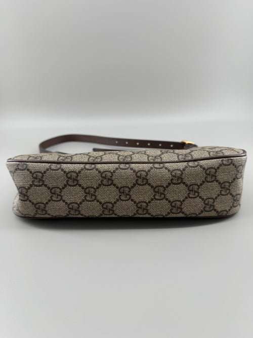 GG Supreme Monogram Textured Dollar Calfskin Small Ophidia Hobo Beige Ebony New Acero