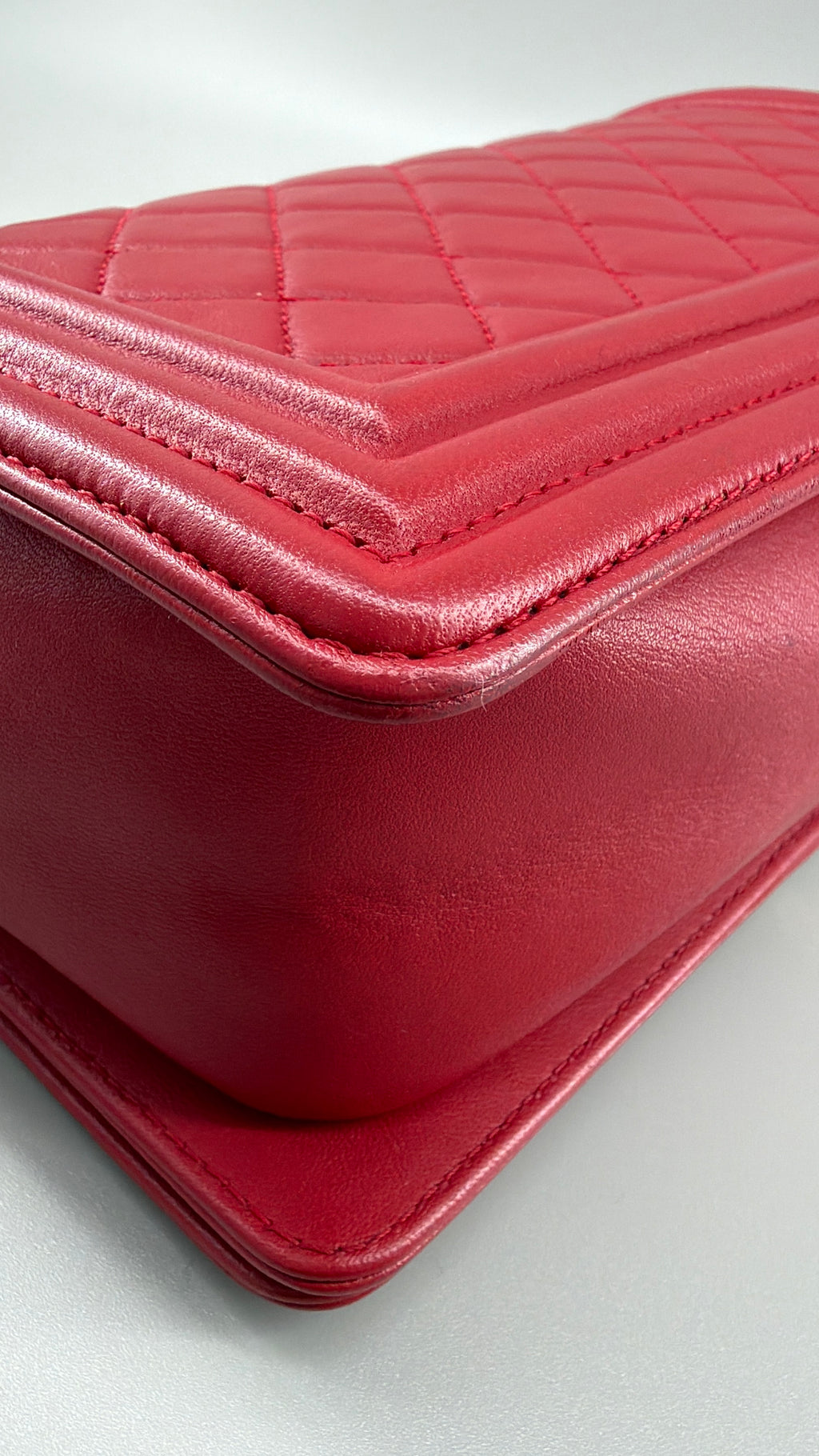 Chanel Boy Old Medium Flap Bag Red Quilted Lambskin Leather Aged Gold Hardware 2016-2017