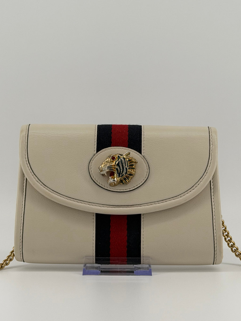 Gucci Rajah Ivory Leather Chain Wallet Crossbody with Web Stripe & Tiger Head