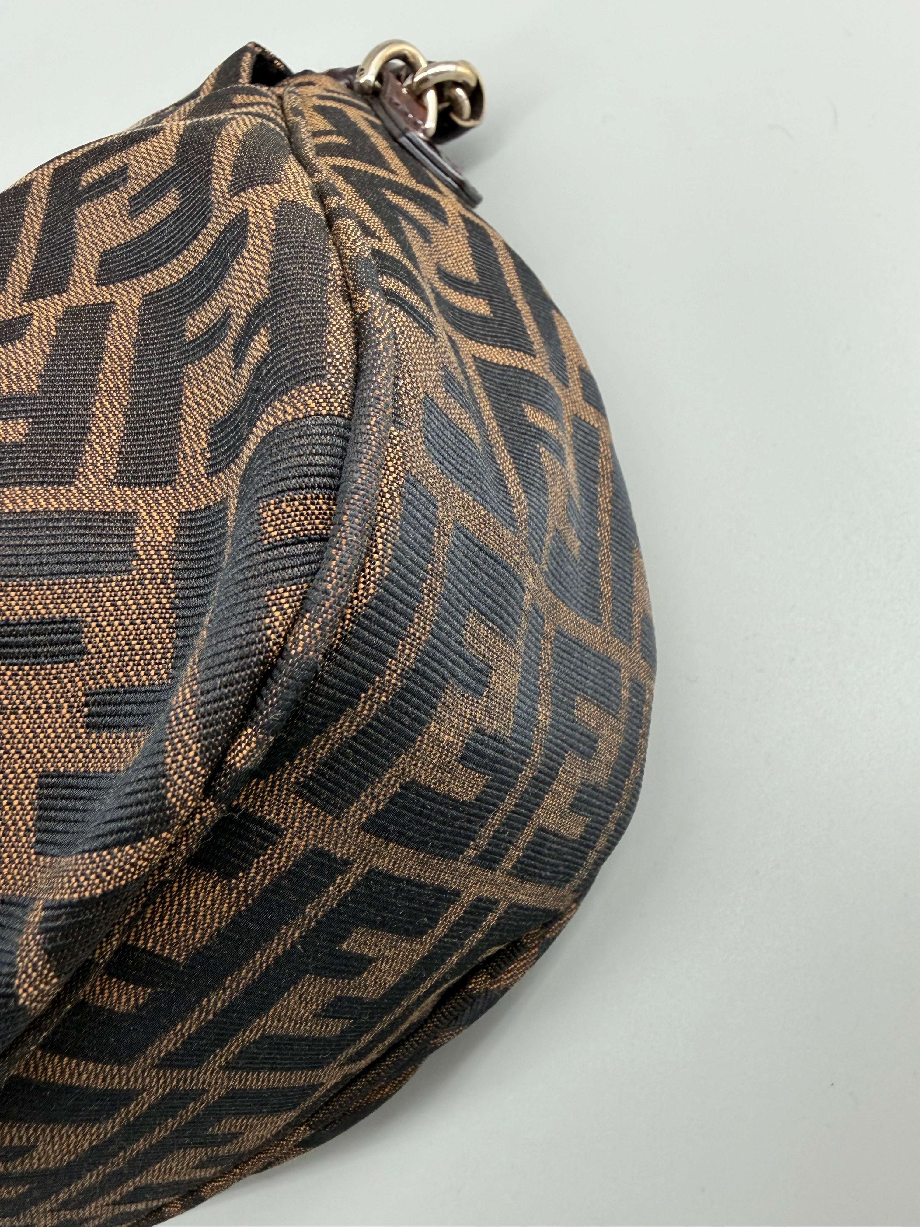Fendi Mia Zucca Flap Shoulder Bag Tobacco FF Canvas with Oversized Logo Buckle & Dust Bag