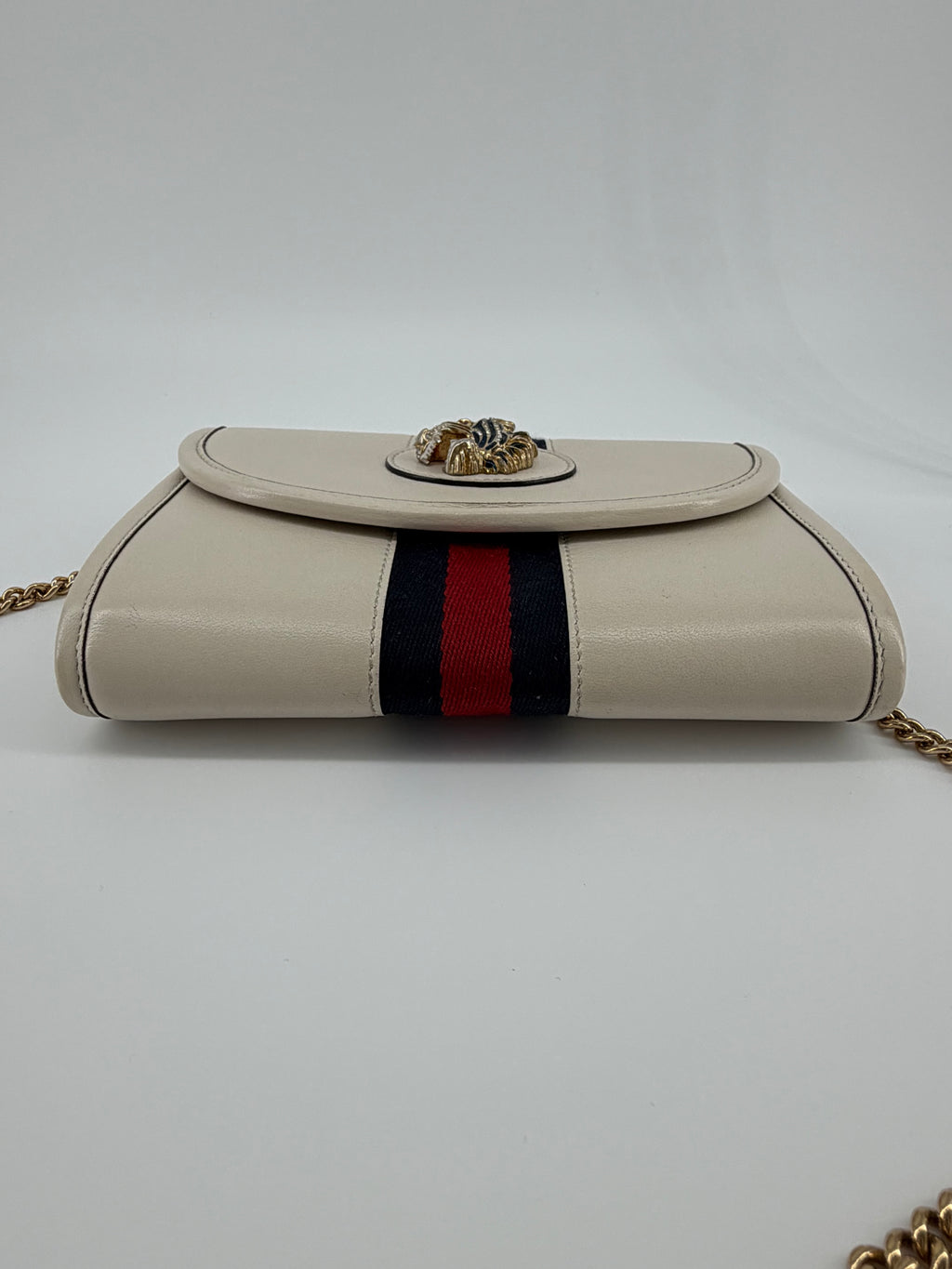 Gucci Rajah Ivory Leather Chain Wallet Crossbody with Web Stripe & Tiger Head