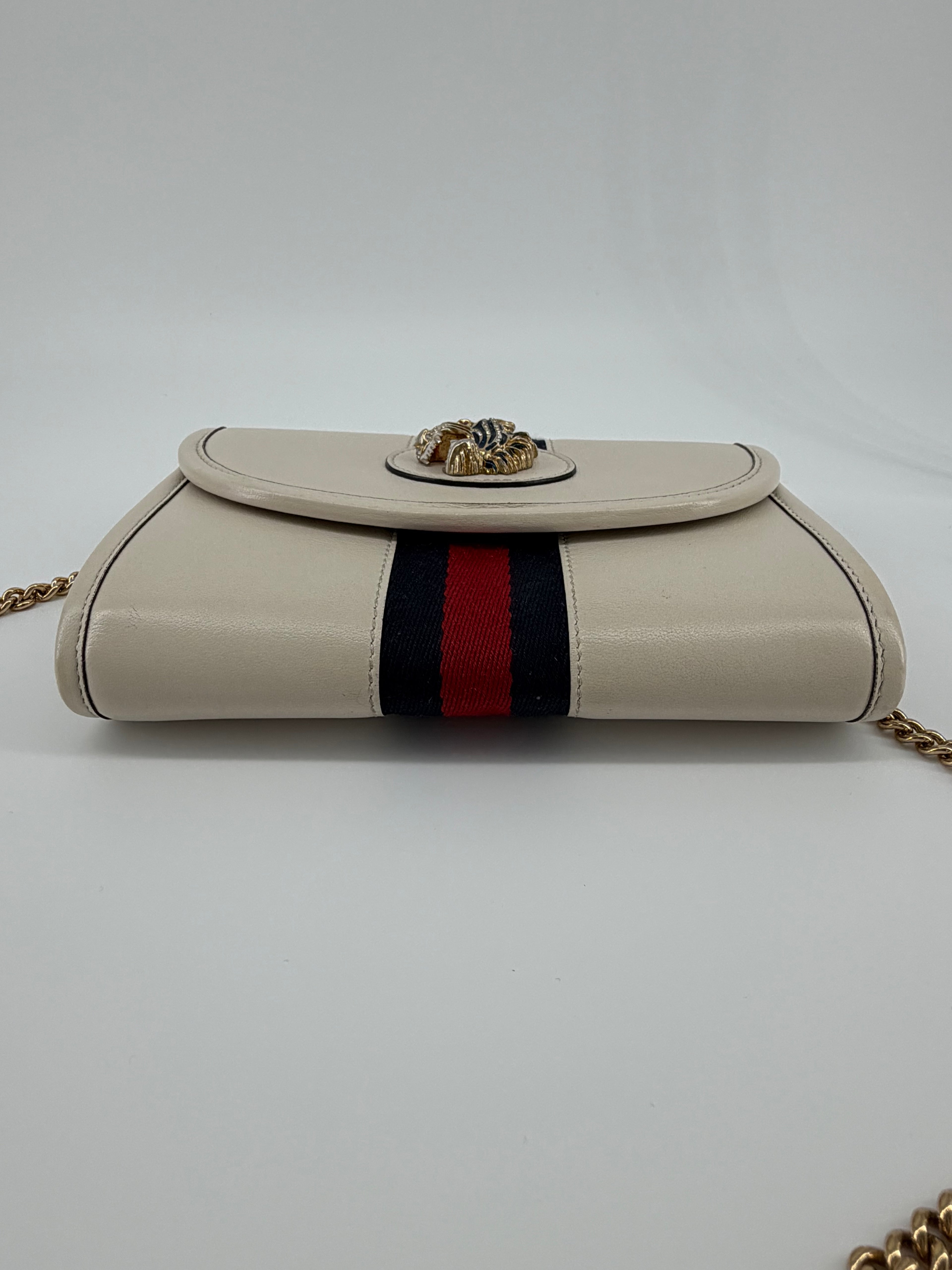 Gucci Rajah Ivory Leather Chain Wallet Crossbody with Web Stripe & Tiger Head
