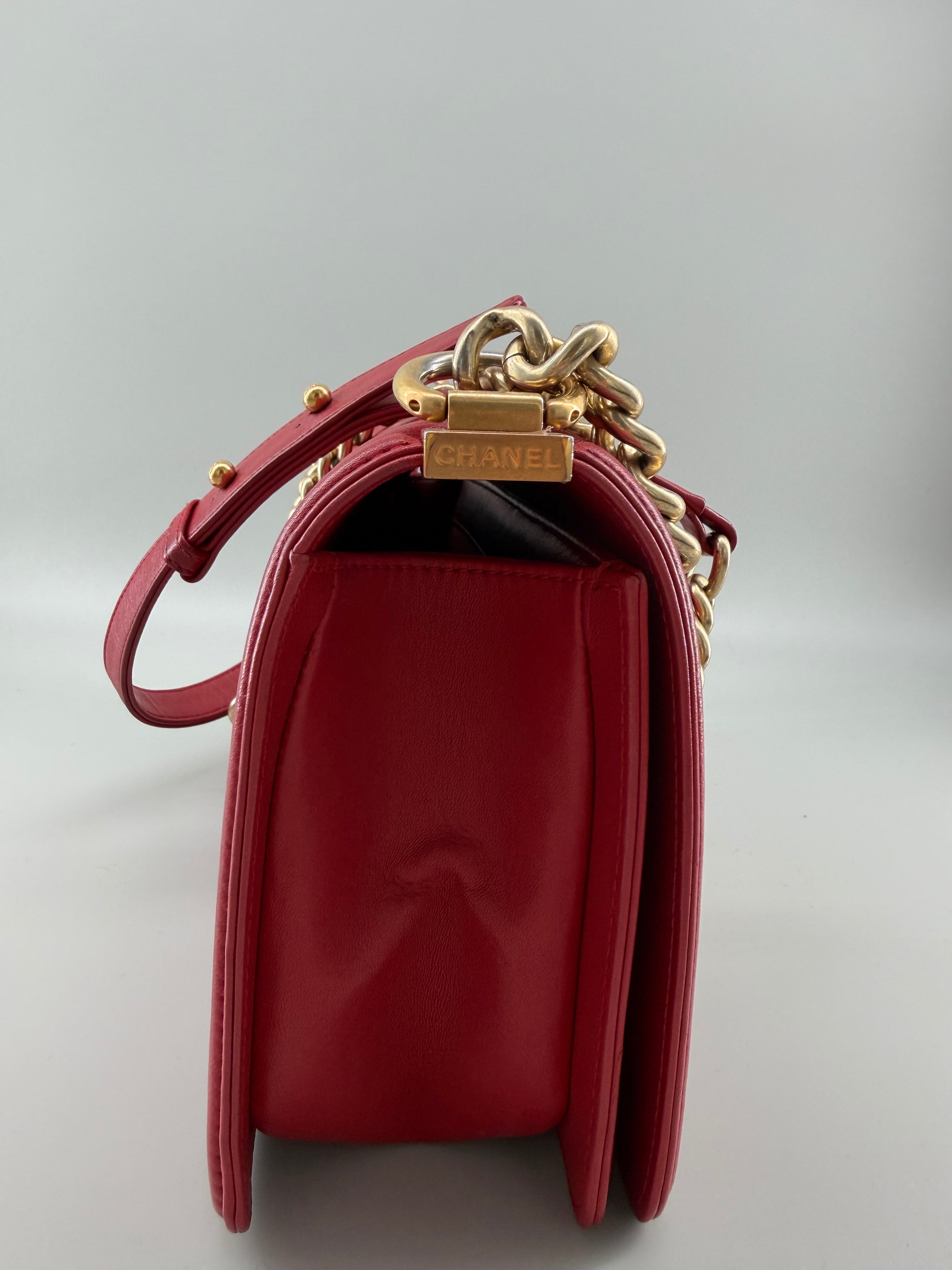 Chanel Boy Old Medium Flap Bag Red Quilted Lambskin Leather Aged Gold Hardware 2016-2017