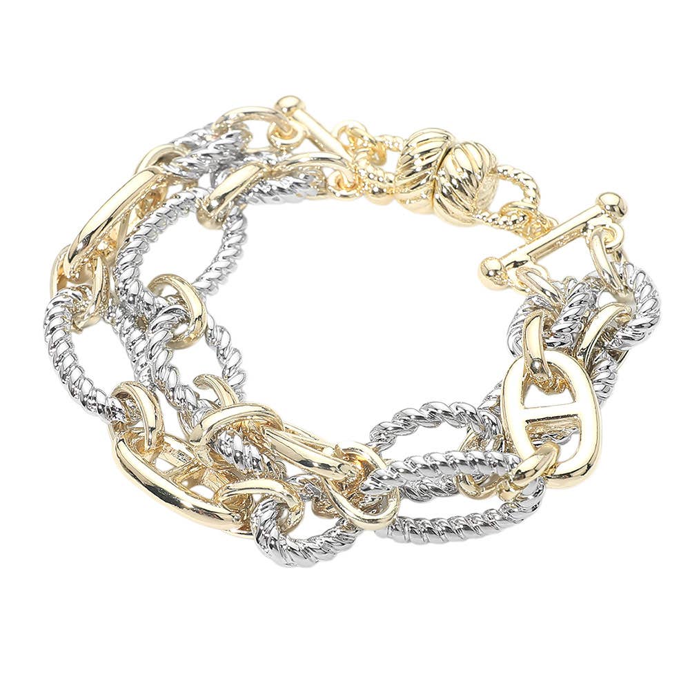 14K Gold Plated Two Tone Mixed Link Double Layered Magnetic Bracelet