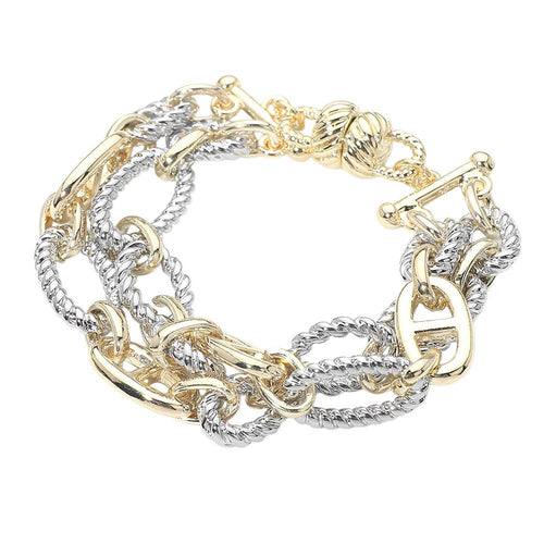 14K Gold Plated Two Tone Mixed Link Double Layered Magnetic Bracelet