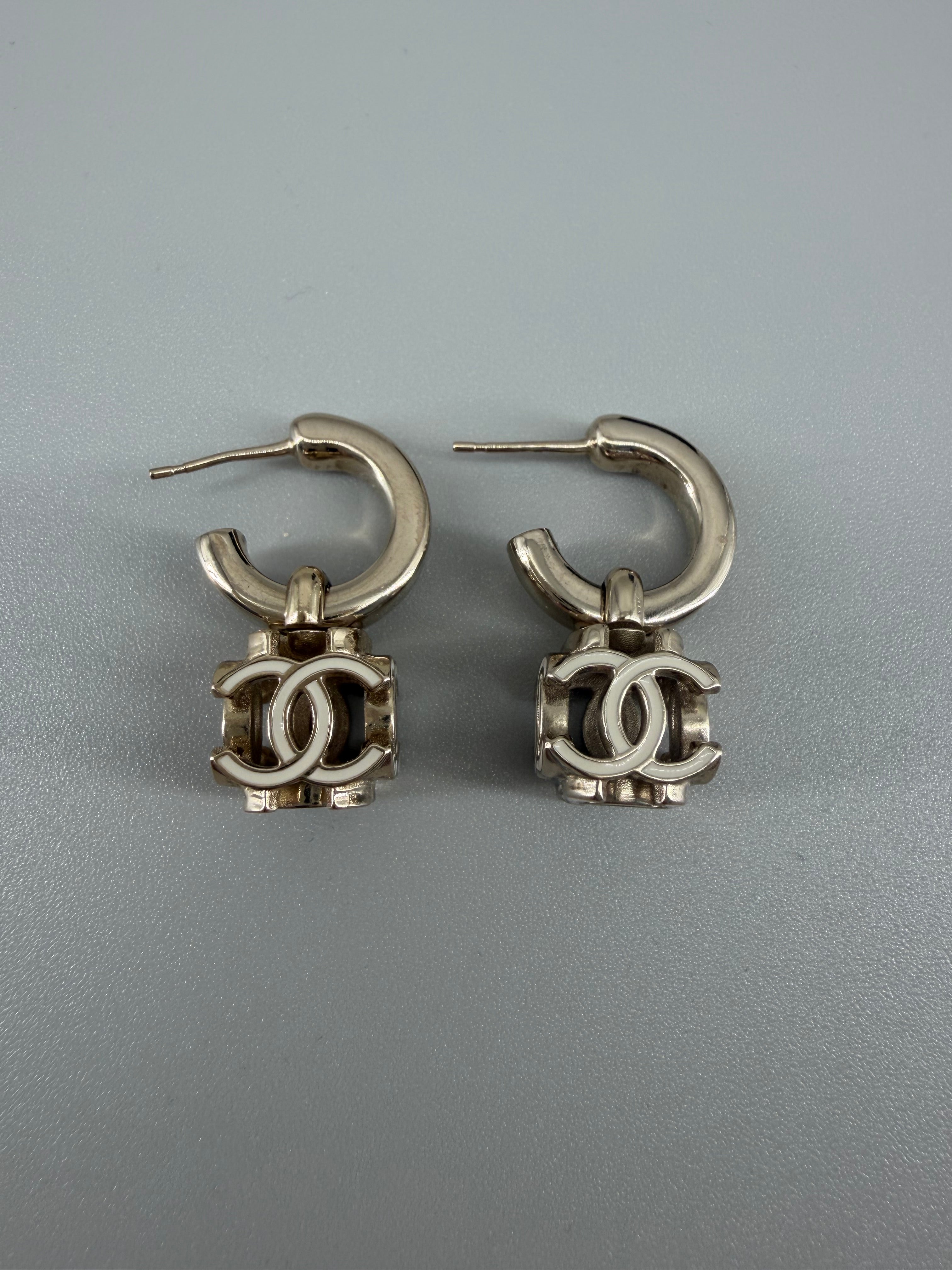 Chanel Gold-Tone CC Logo Drop Hoop Earrings with Box