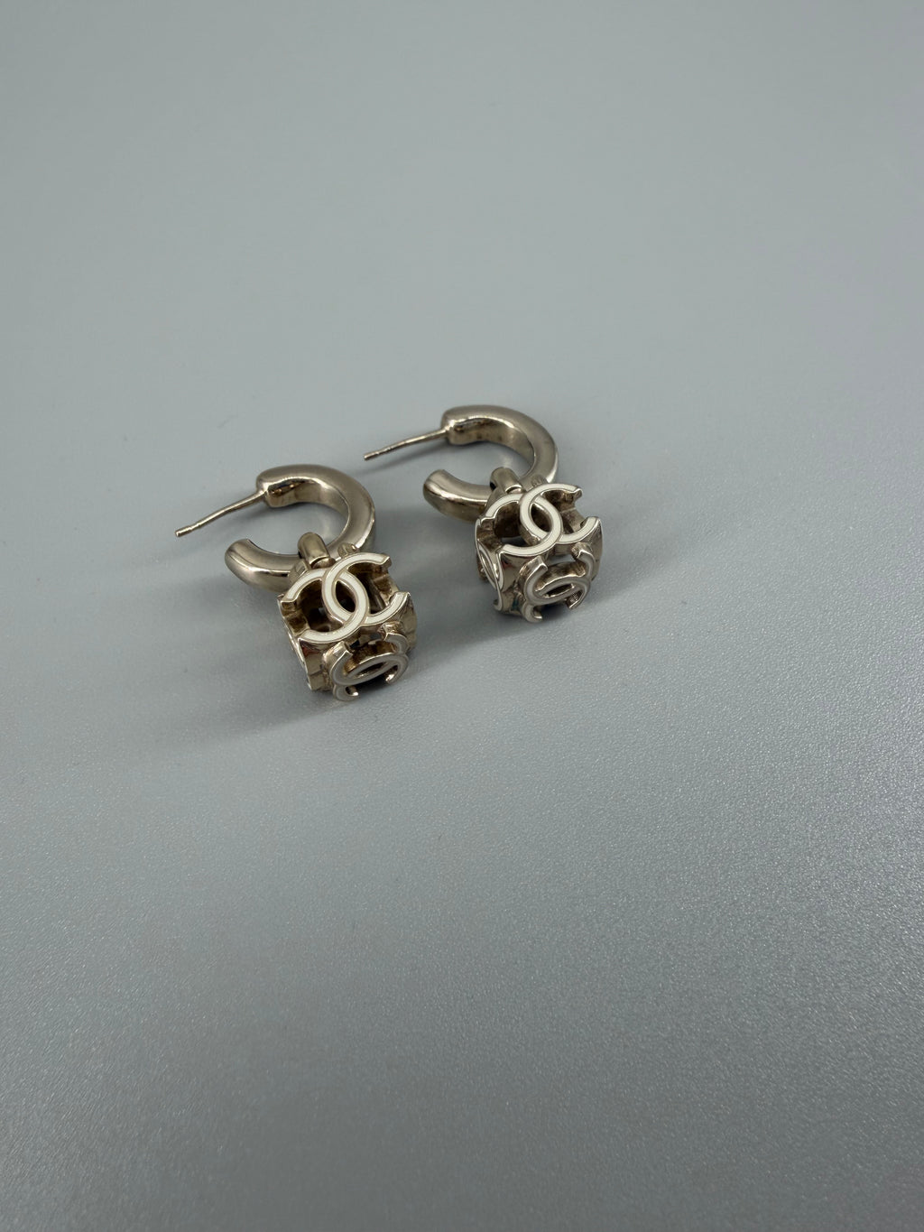 Chanel Gold-Tone CC Logo Drop Hoop Earrings with Box