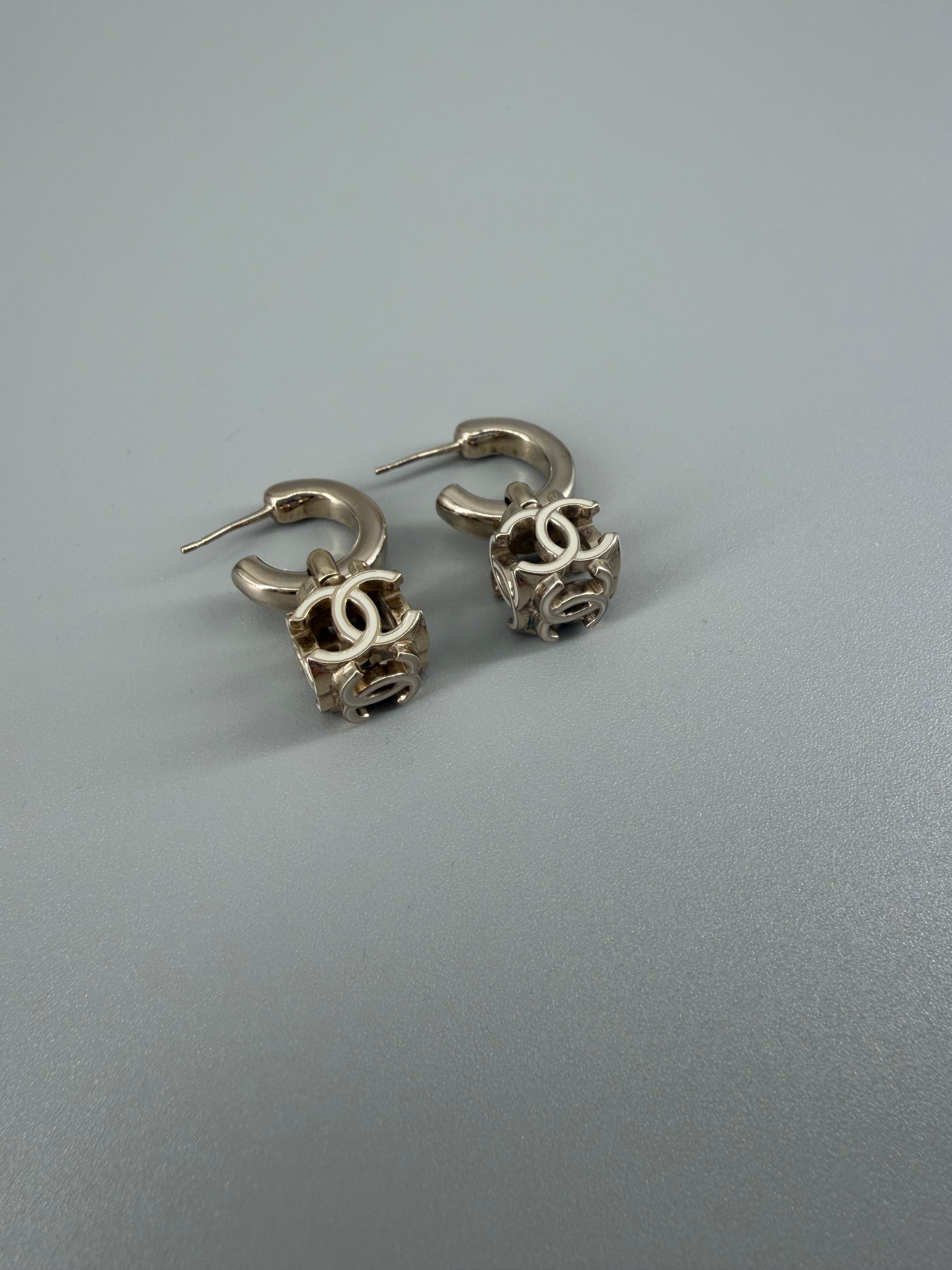 Chanel Gold-Tone CC Logo Drop Hoop Earrings with Box