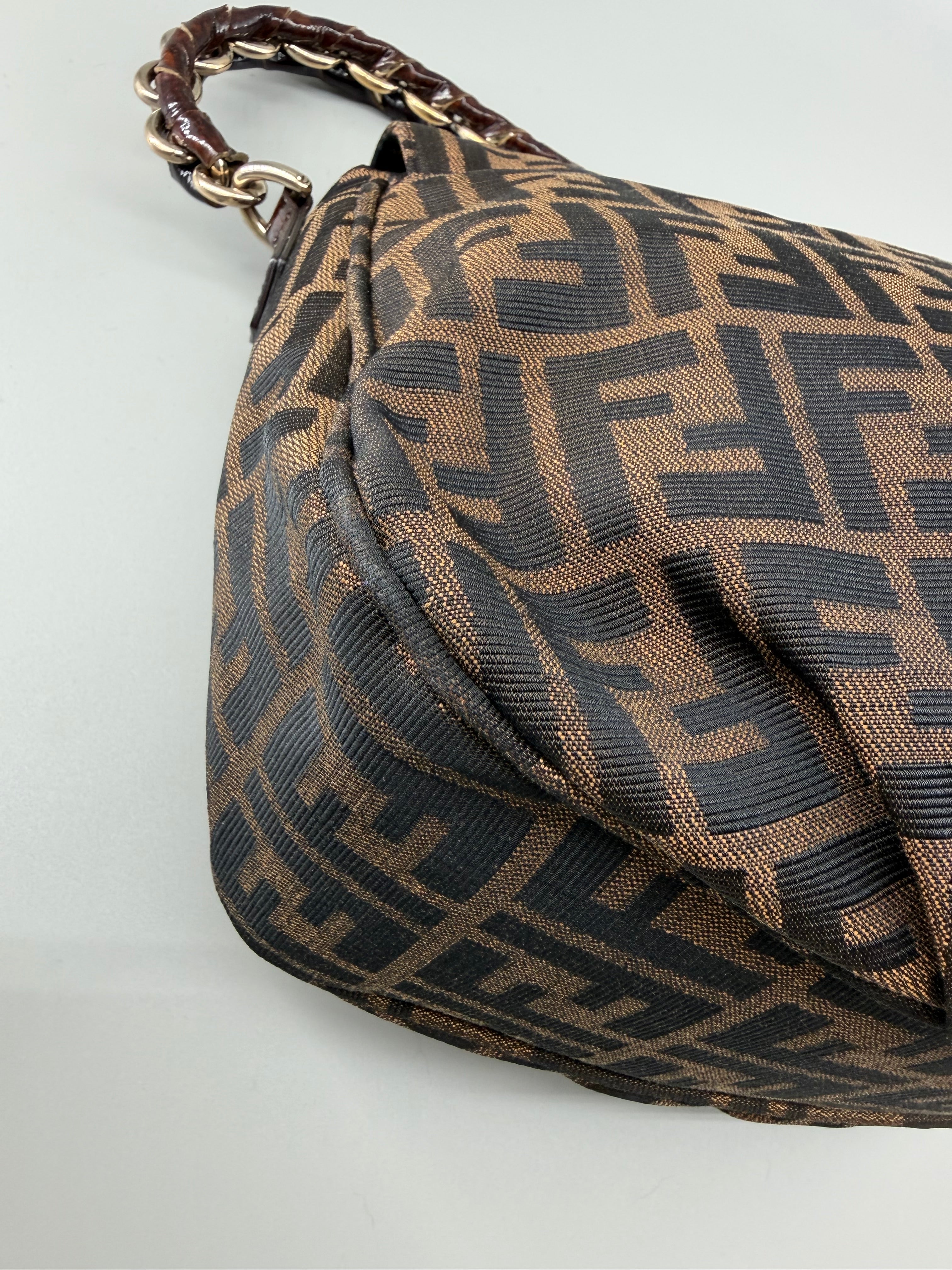 Fendi Mia Zucca Flap Shoulder Bag Tobacco FF Canvas with Oversized Logo Buckle & Dust Bag
