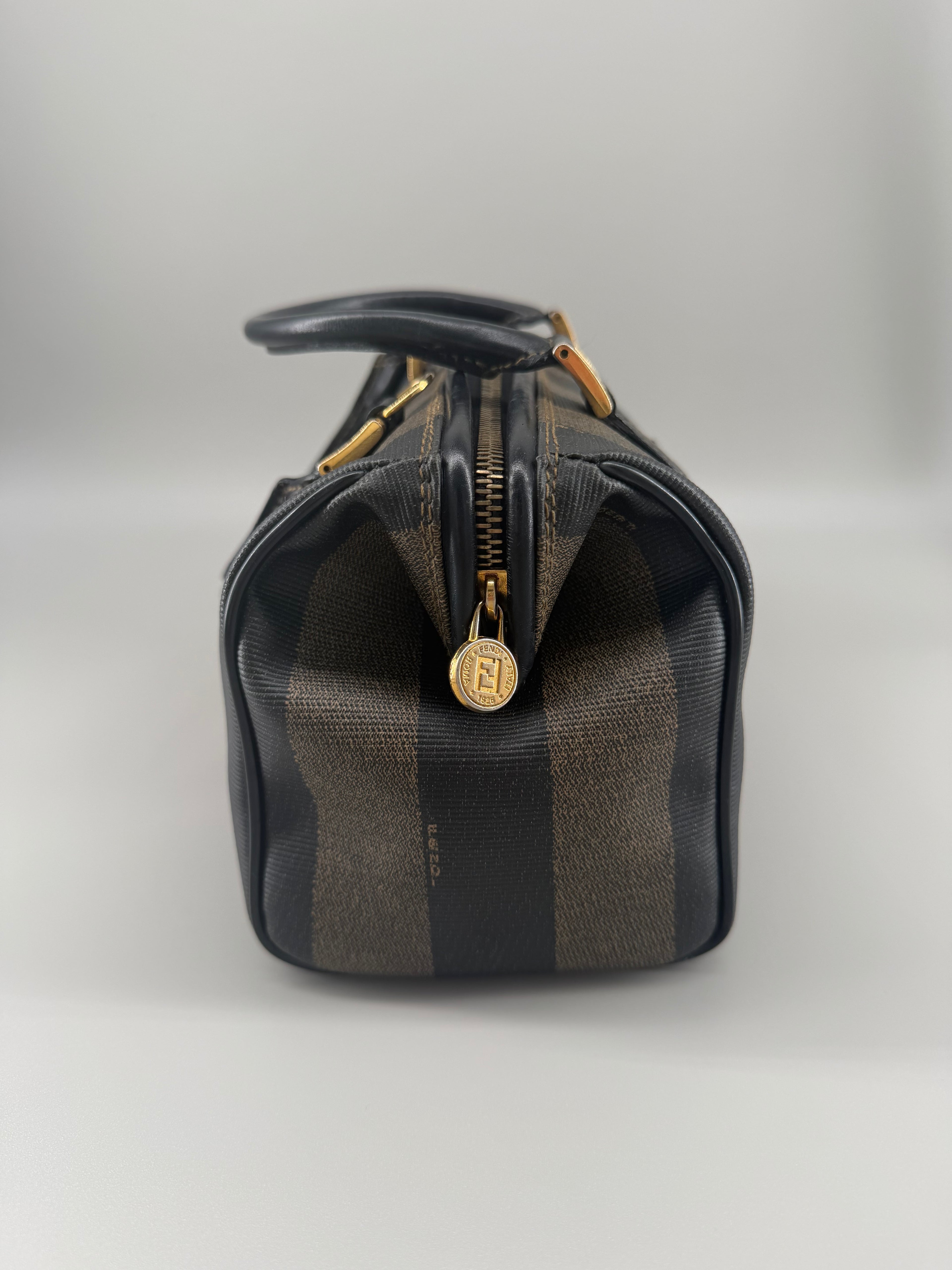 Vintage Fendi Pequin Boston Bag – Black & Brown Striped Canvas with Leather Trim