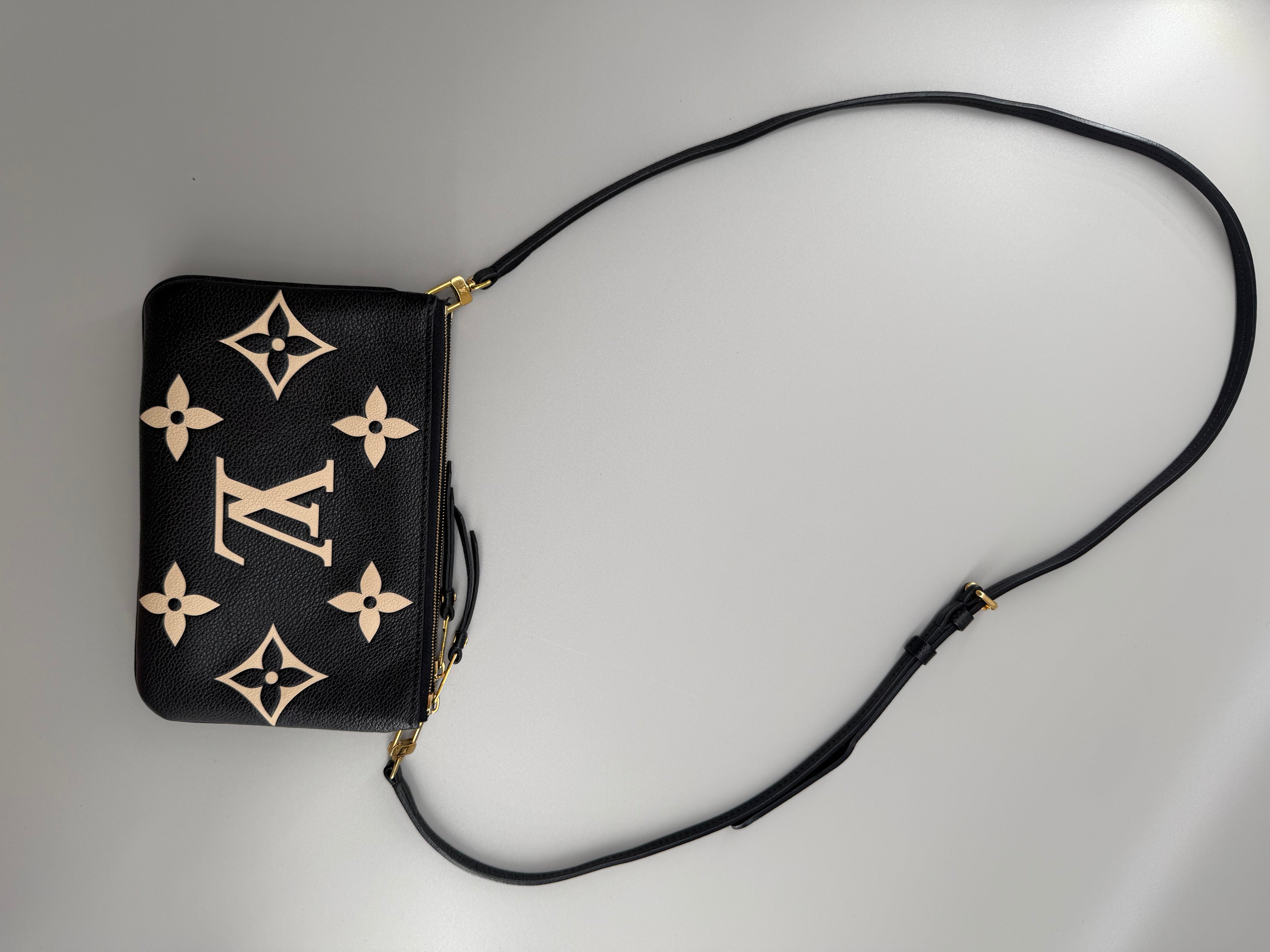 Louis Vuitton Double Zip Pochette Giant Monogram Empreinte Black Beige Crossbody Bag RFID Full Set w/ Receipt