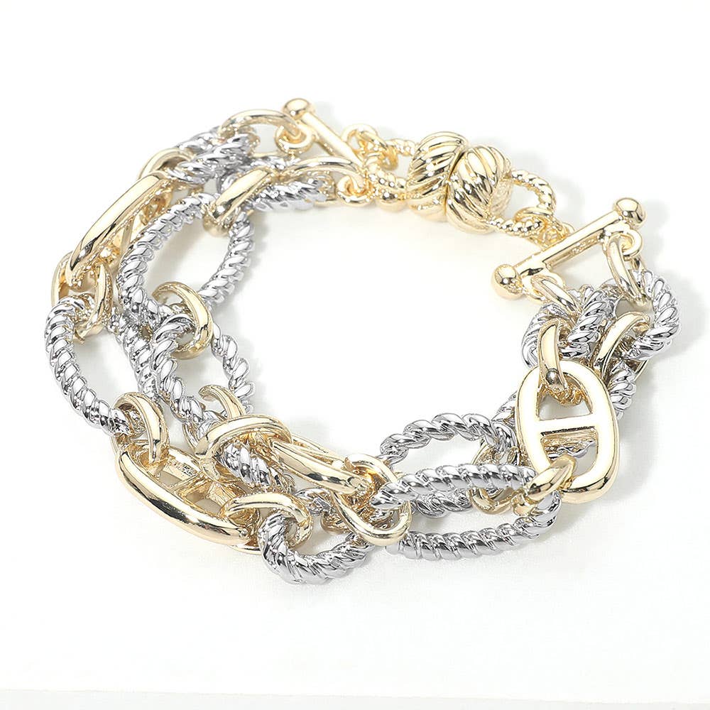 14K Gold Plated Two Tone Mixed Link Double Layered Magnetic Bracelet