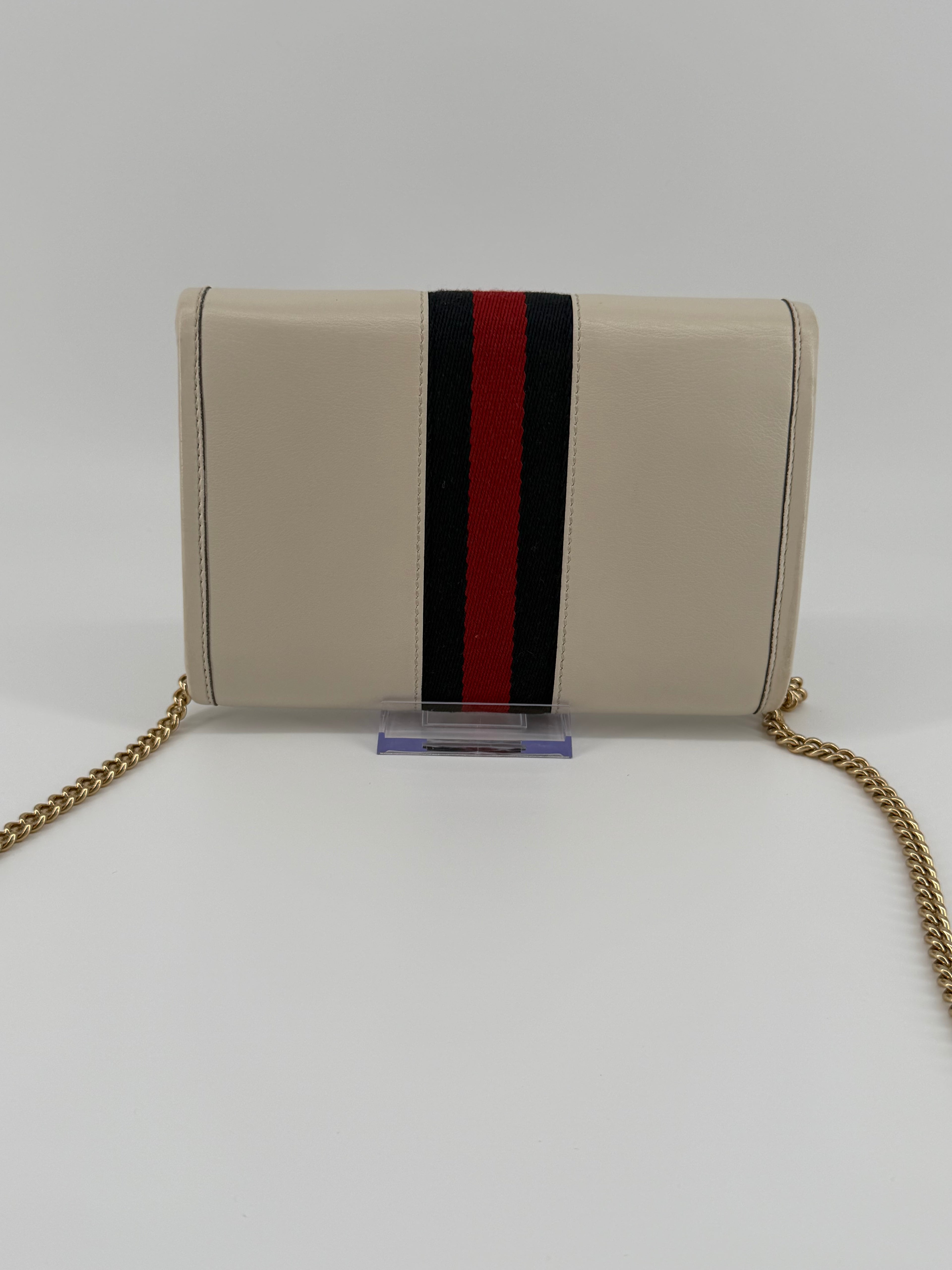 Gucci Rajah Ivory Leather Chain Wallet Crossbody with Web Stripe & Tiger Head