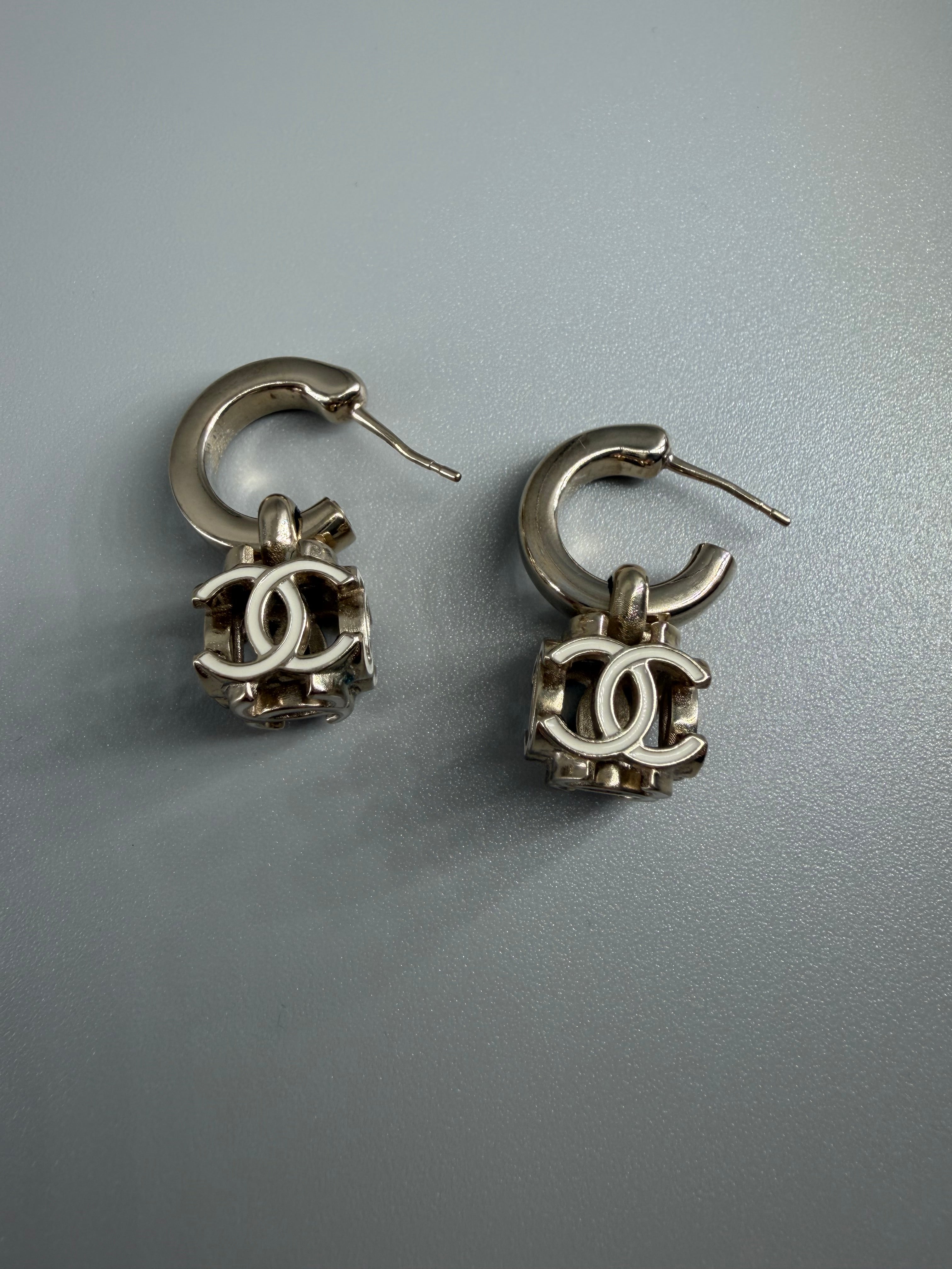 Chanel Gold-Tone CC Logo Drop Hoop Earrings with Box