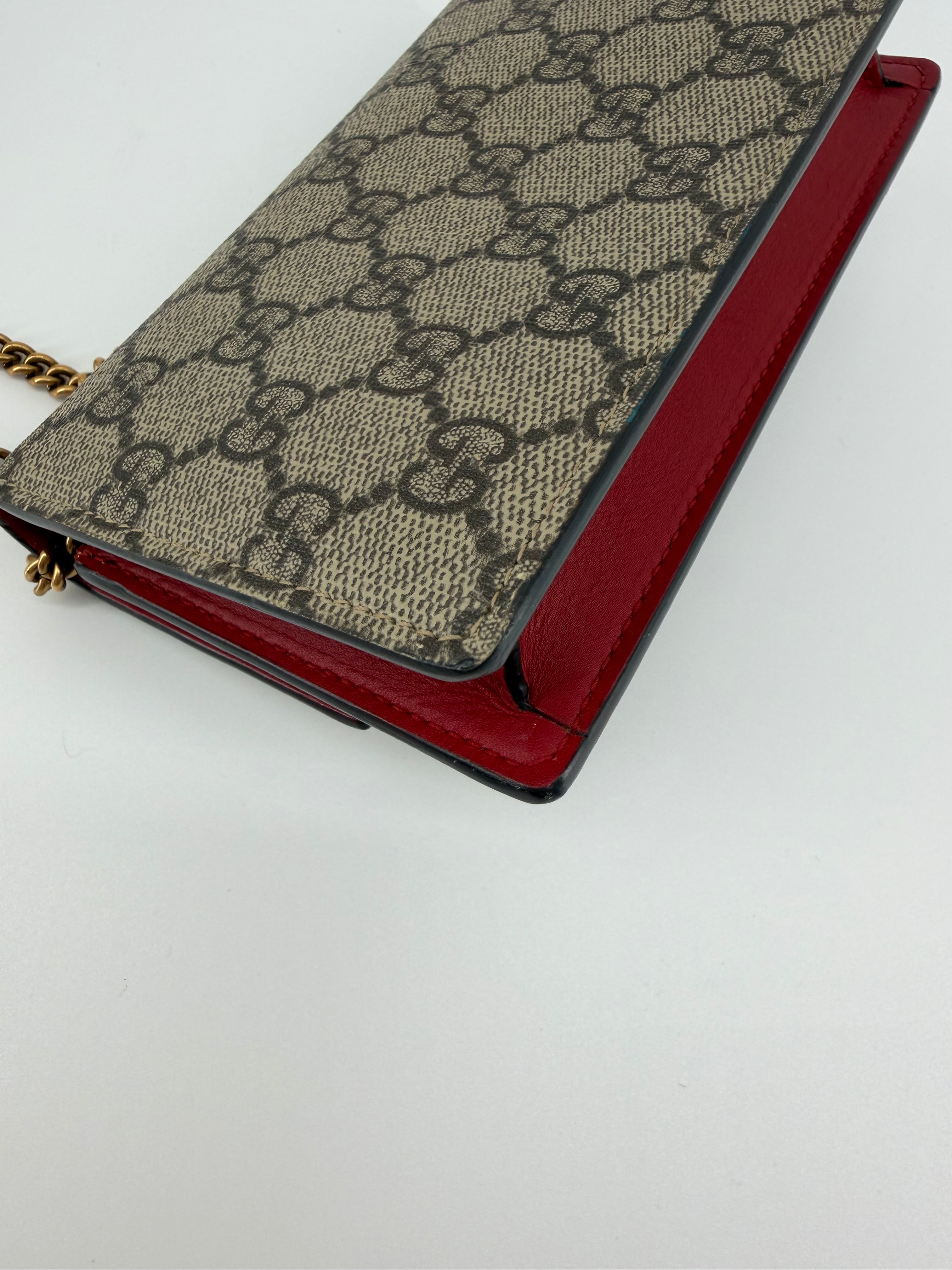 Gucci GG Supreme Cherry Crystal Mini Chain Wallet Crossbody Bag Red