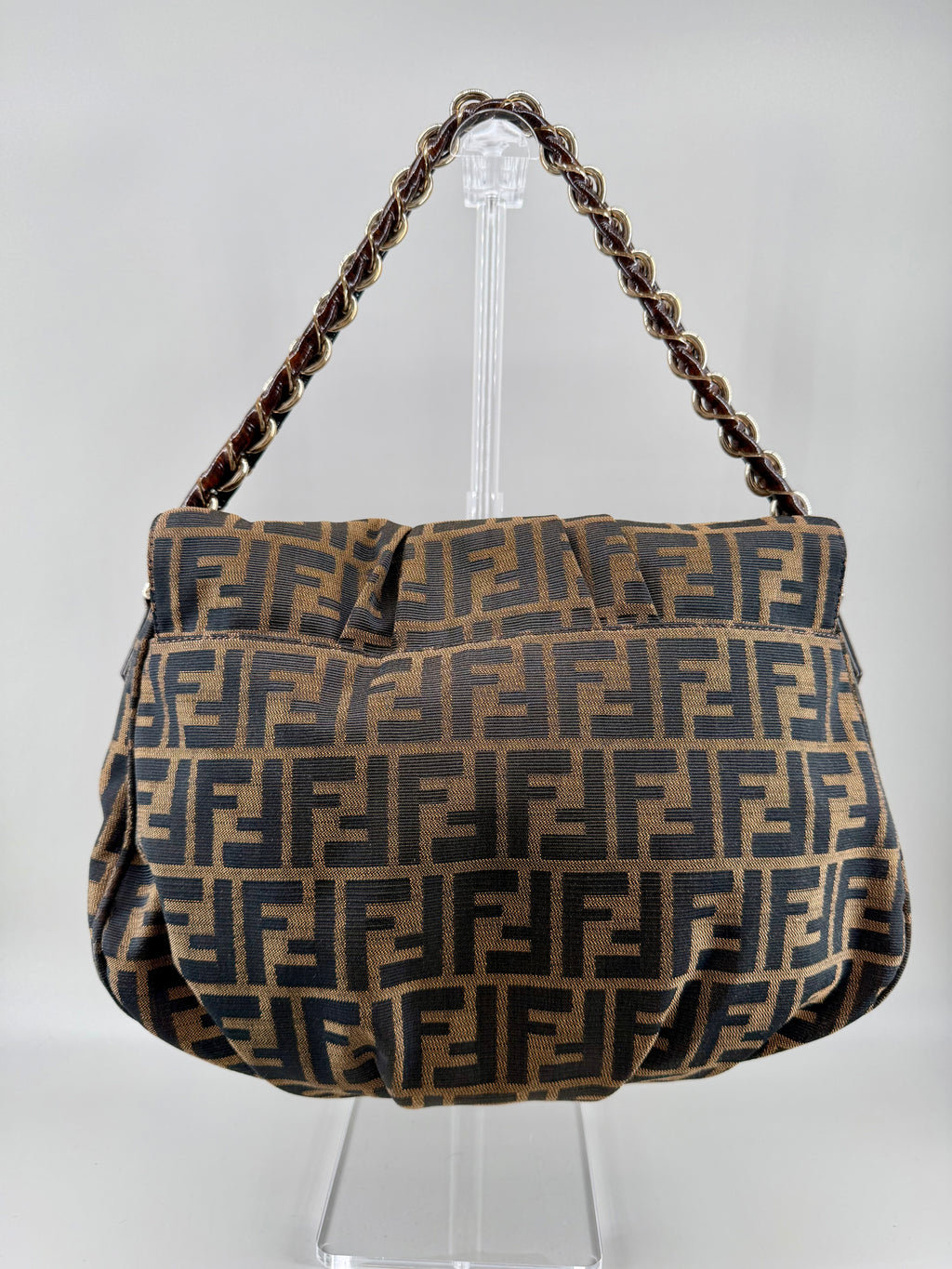 Fendi Mia Zucca Flap Shoulder Bag Tobacco FF Canvas with Oversized Logo Buckle & Dust Bag