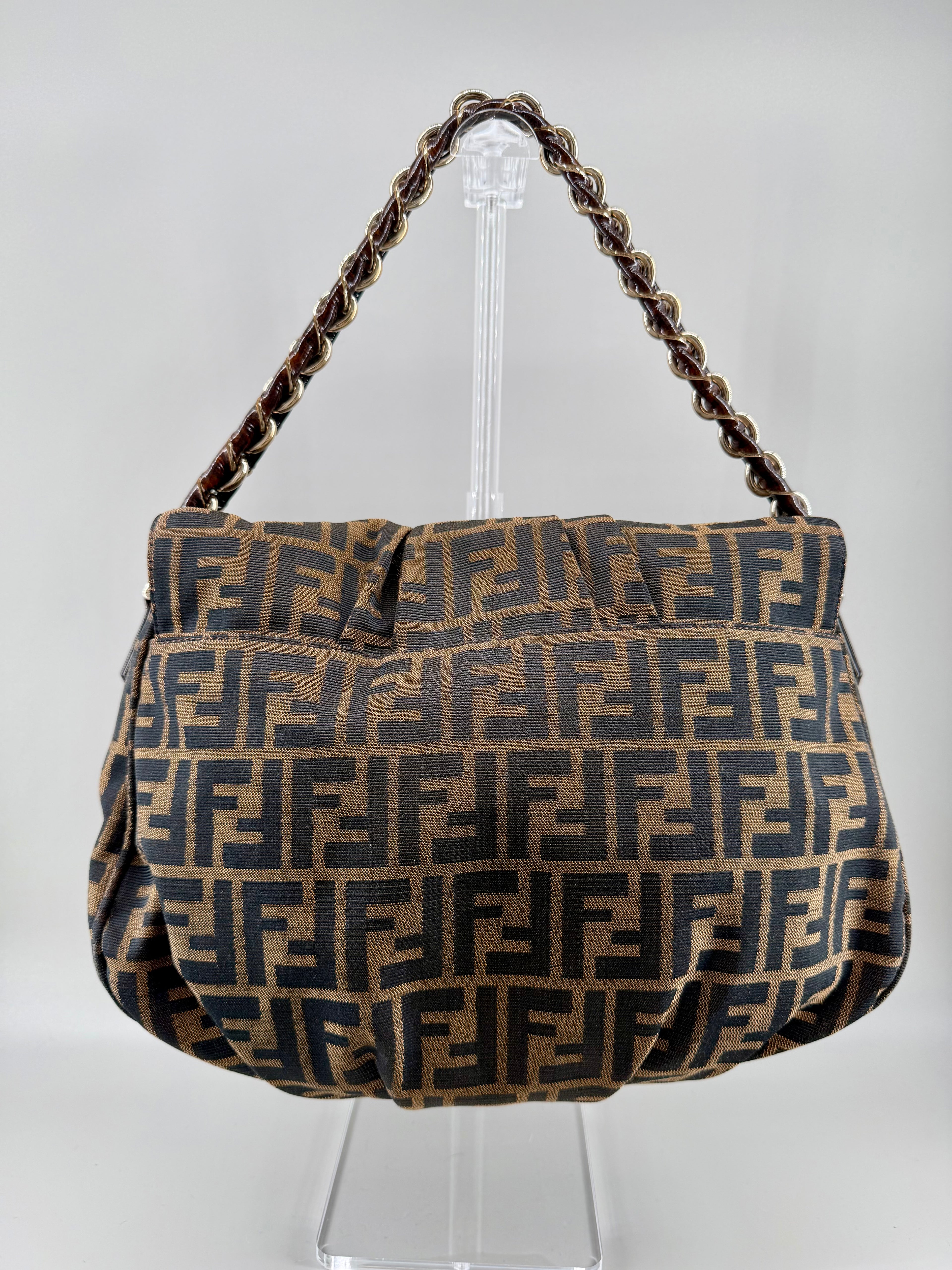 Fendi Mia Zucca Flap Shoulder Bag Tobacco FF Canvas with Oversized Logo Buckle & Dust Bag