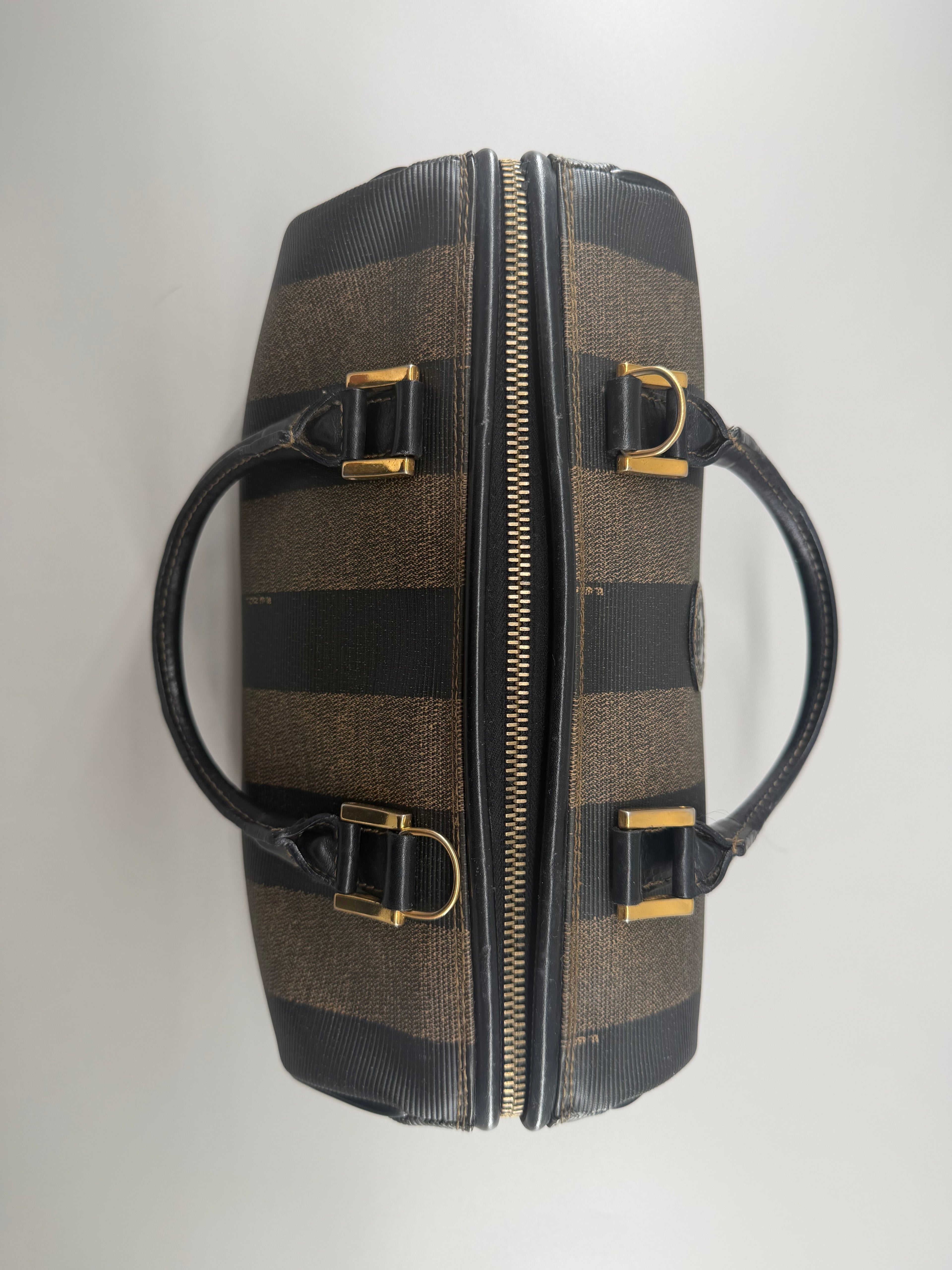 Vintage Fendi Pequin Boston Bag – Black & Brown Striped Canvas with Leather Trim
