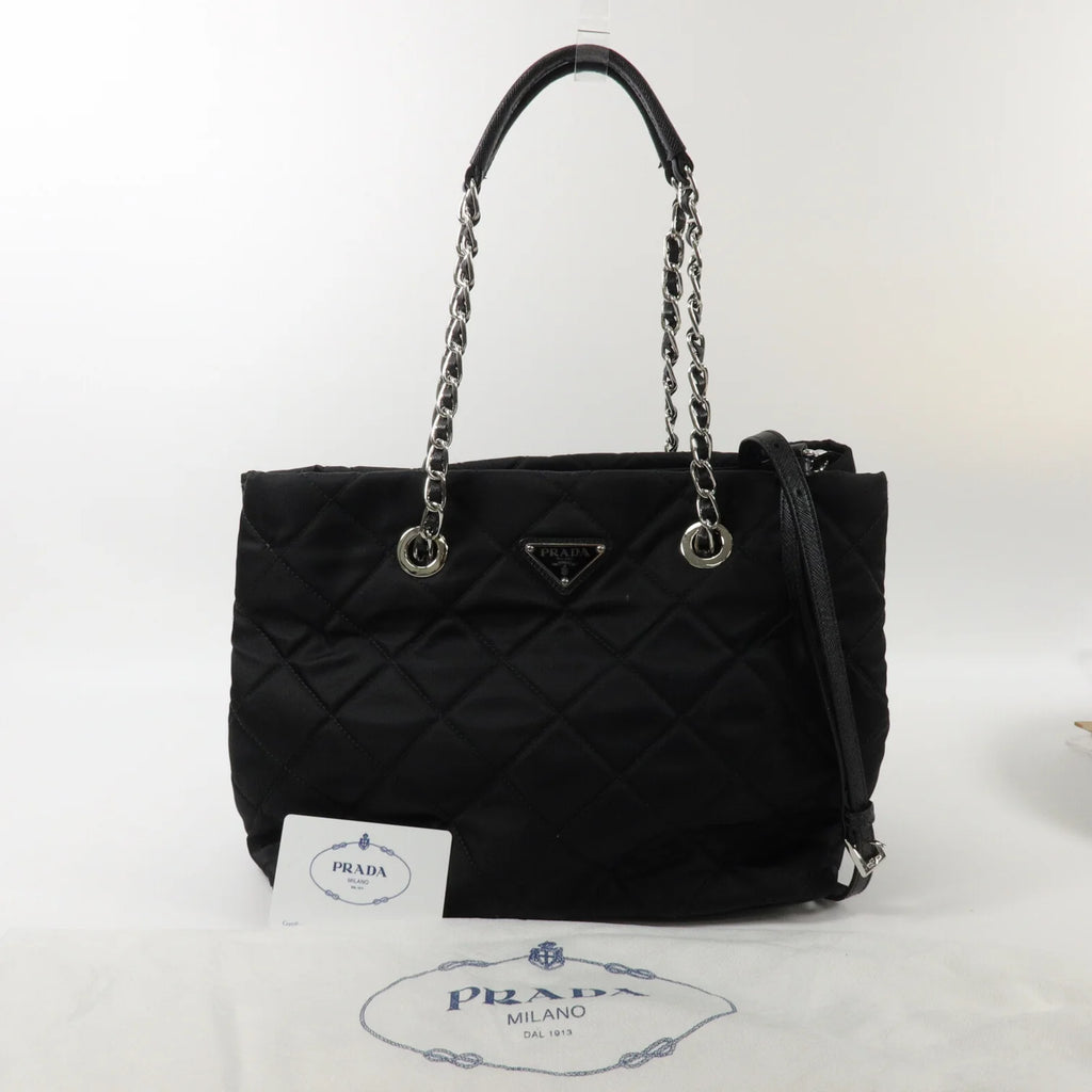 PRADA Quilted Tessuto Tote Bag 2 Way Shoulder Bag Black Nylon