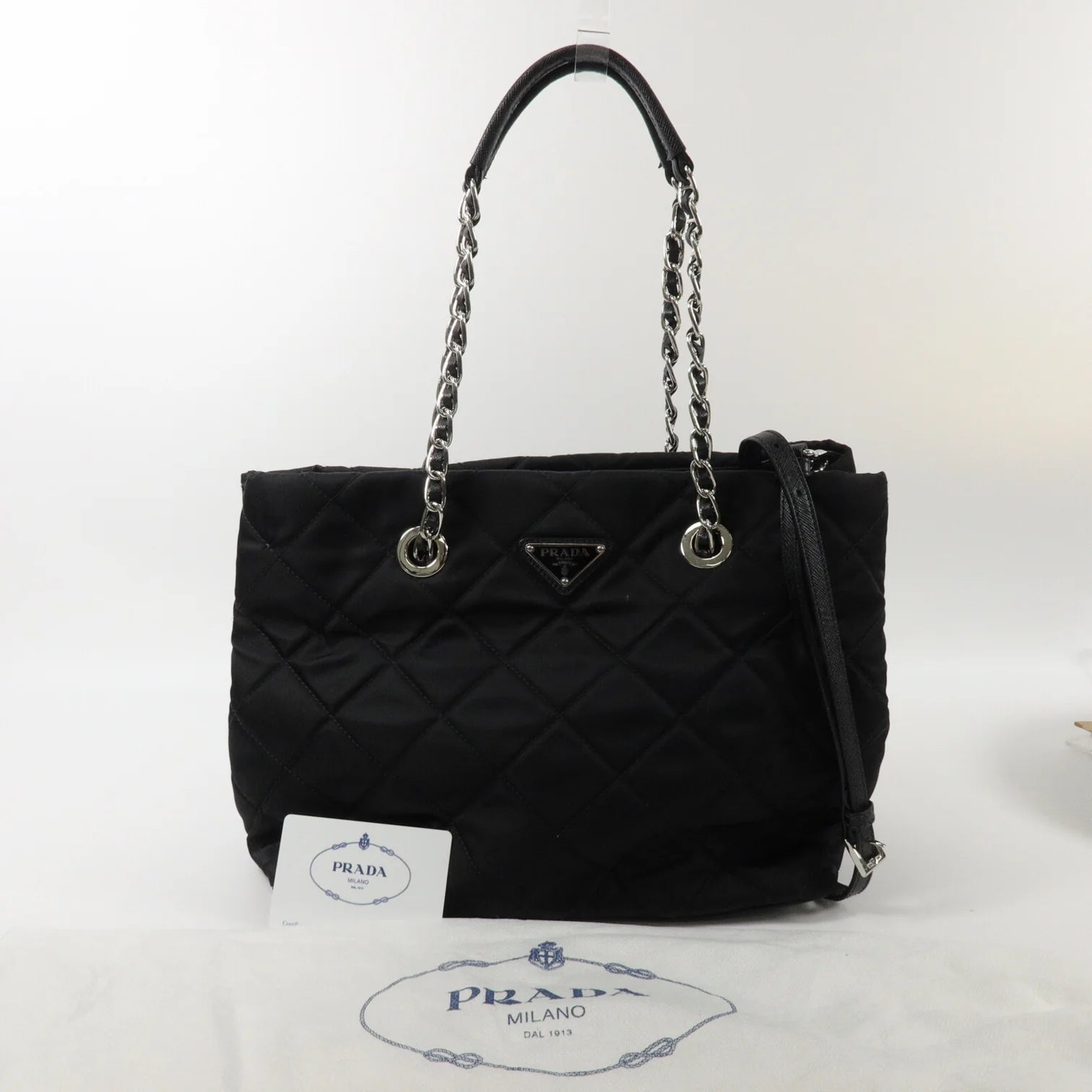 PRADA Quilted Tessuto Tote Bag 2 Way Shoulder Bag Black Nylon