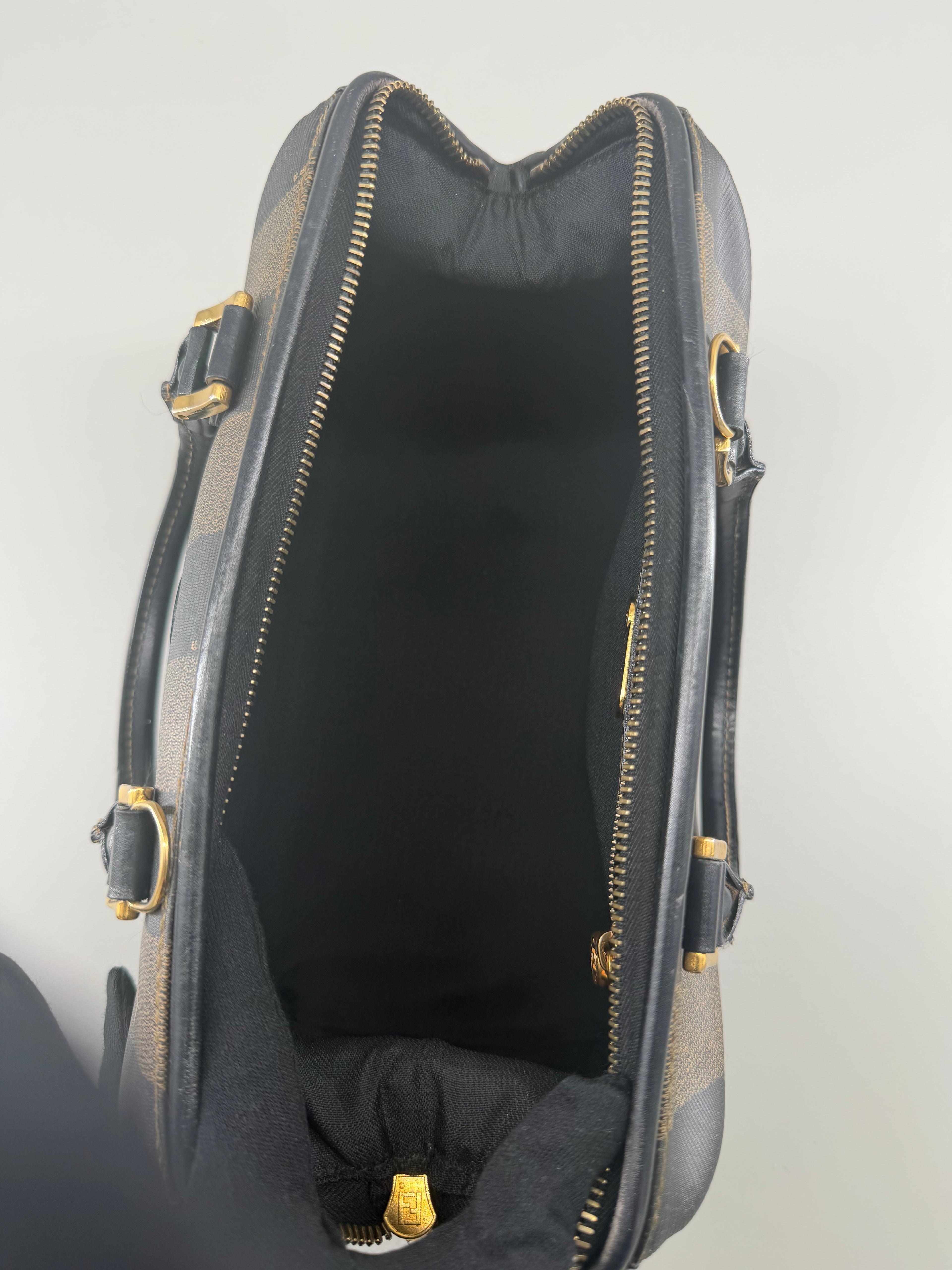 Vintage Fendi Pequin Boston Bag – Black & Brown Striped Canvas with Leather Trim