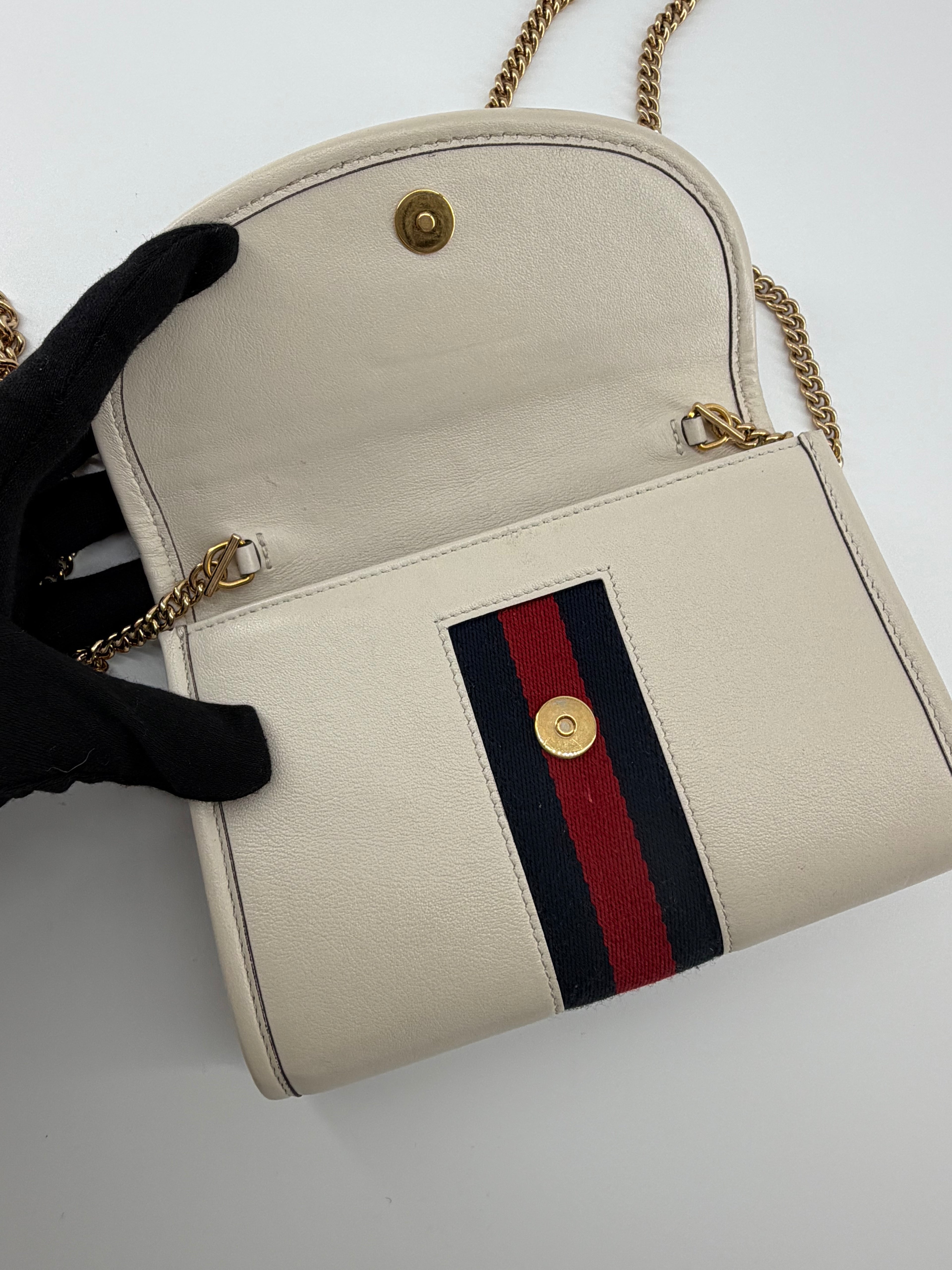 Gucci Rajah Ivory Leather Chain Wallet Crossbody with Web Stripe & Tiger Head