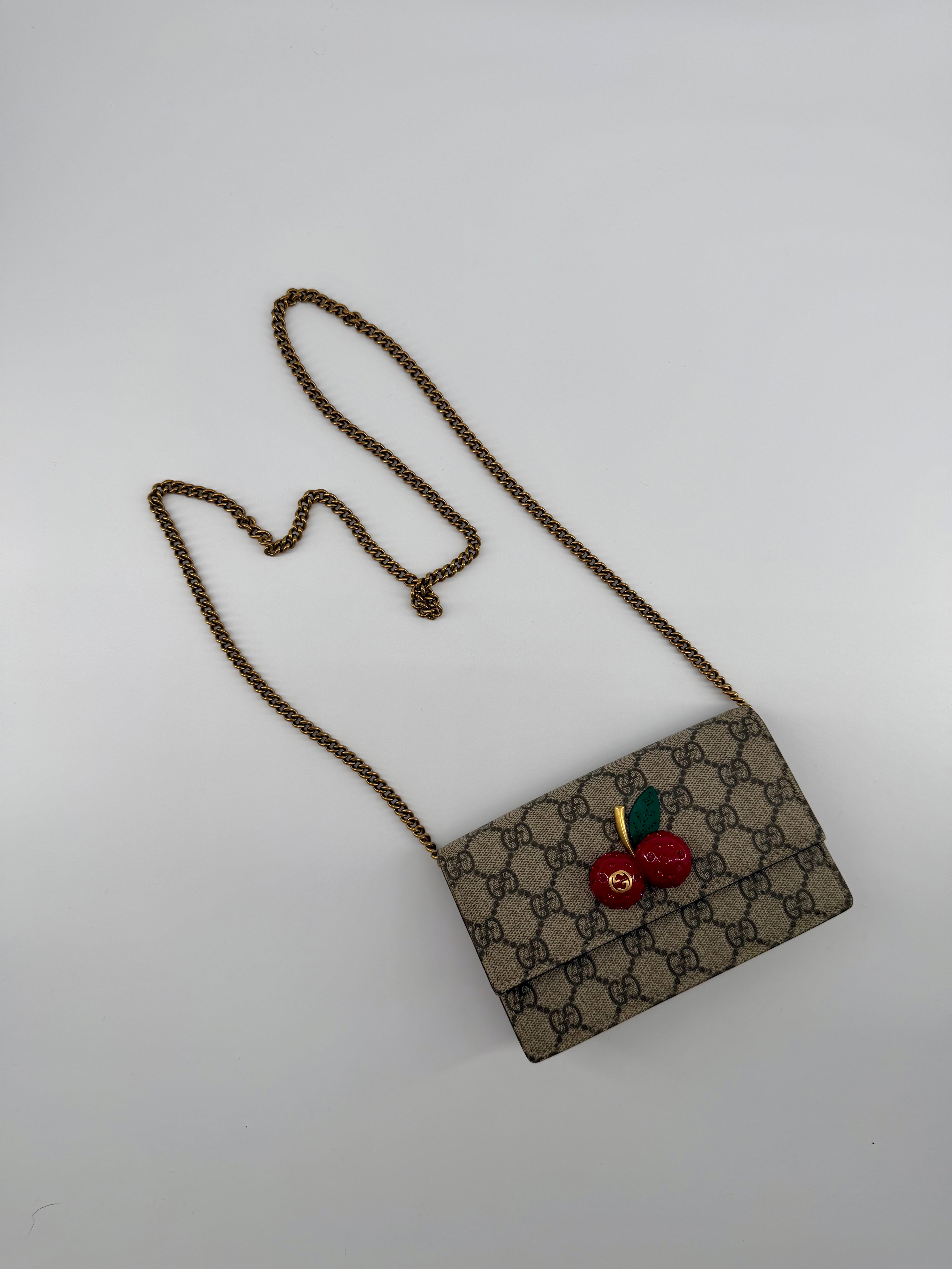 Gucci GG Supreme Cherry Crystal Mini Chain Wallet Crossbody Bag Red
