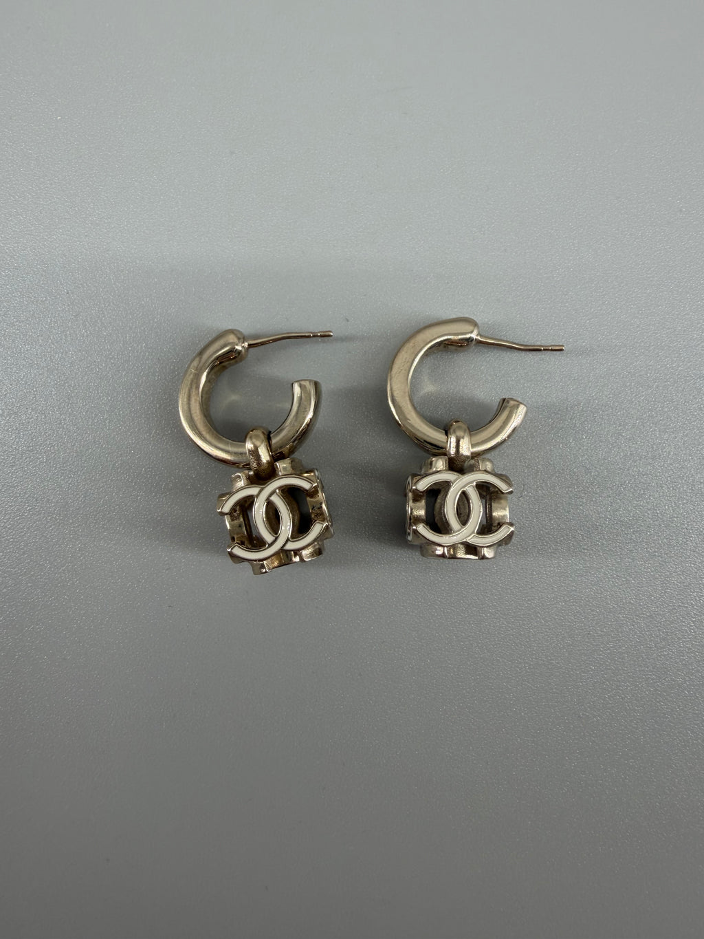 Chanel Gold-Tone CC Logo Drop Hoop Earrings with Box