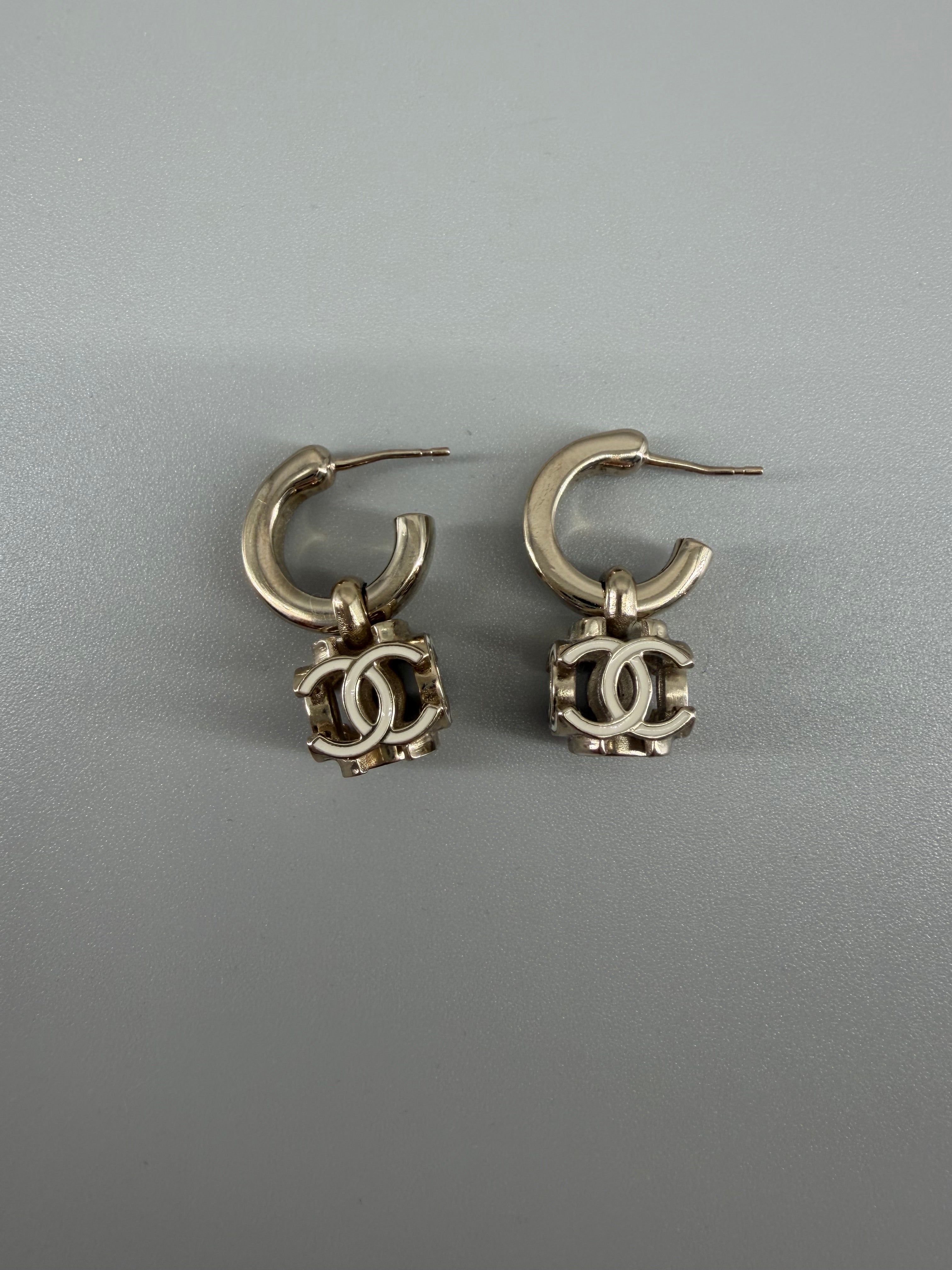 Chanel Gold-Tone CC Logo Drop Hoop Earrings with Box