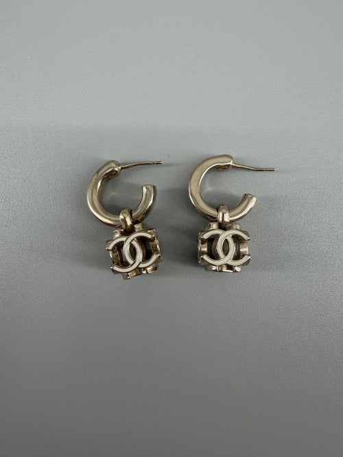 Chanel Gold-Tone CC Logo Drop Hoop Earrings with Box