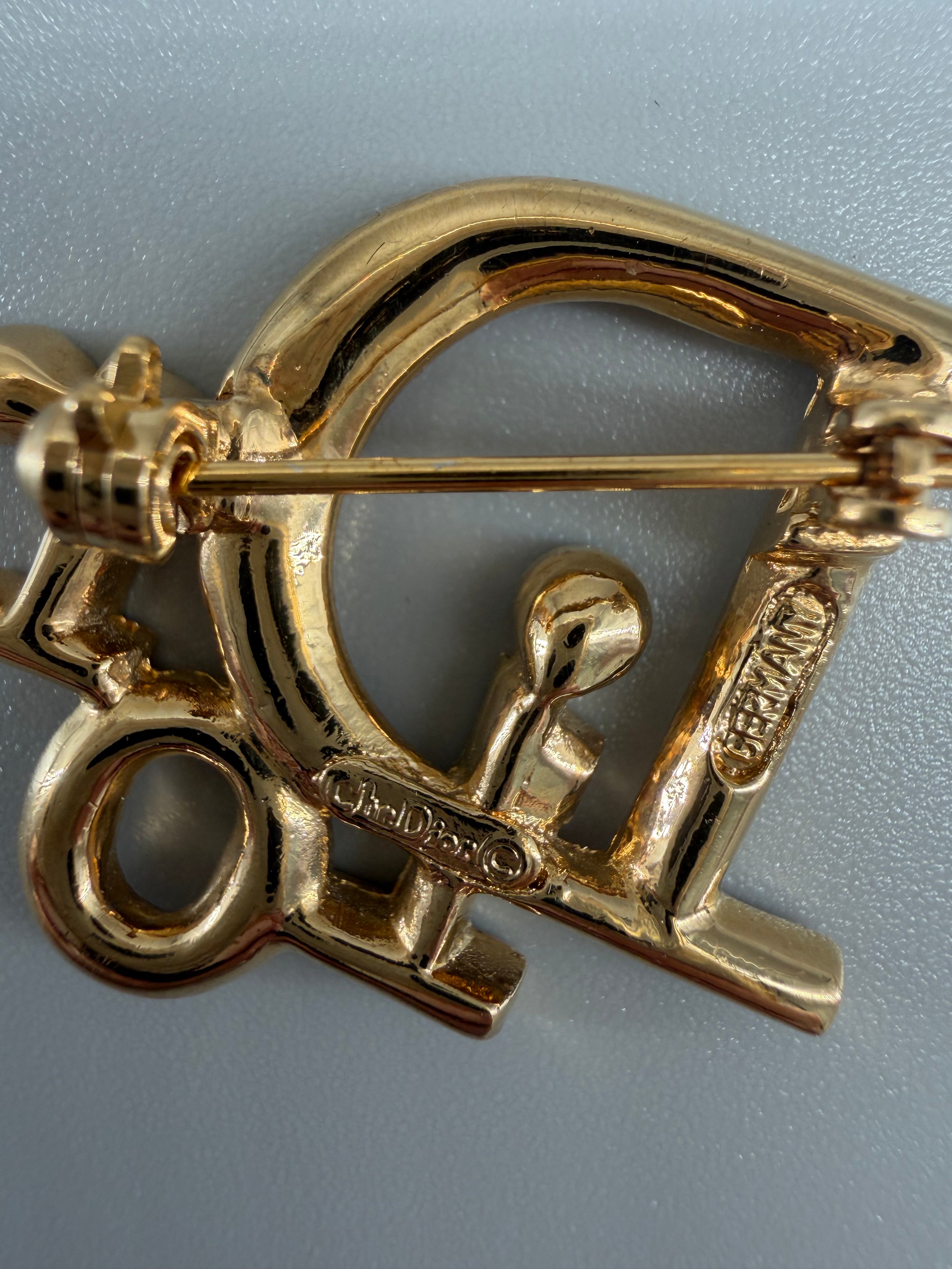 Vintage Christian Dior CD Logo Crystal Brooch – Gold-Tone Rhinestone Pin