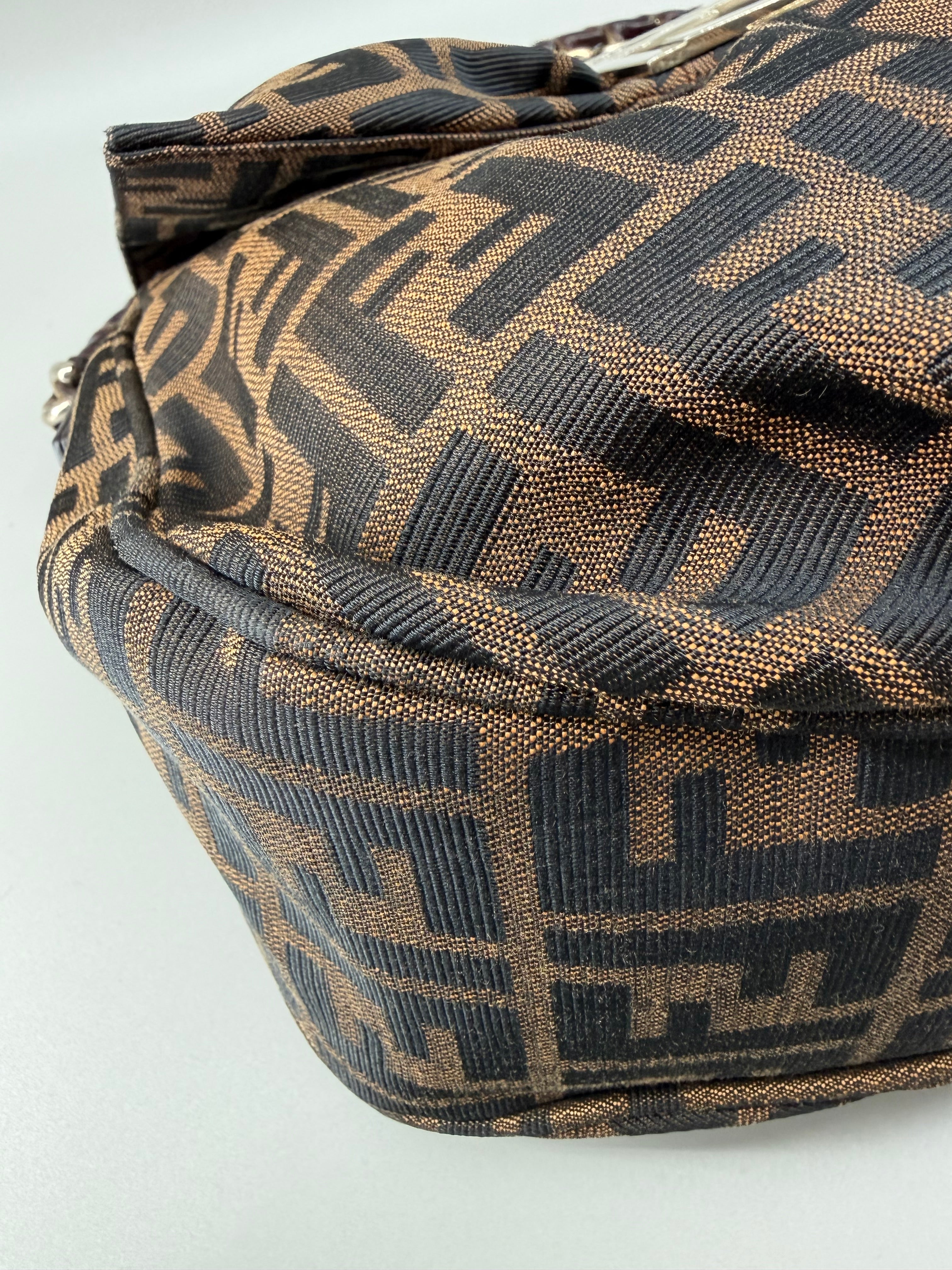 Fendi Mia Zucca Flap Shoulder Bag Tobacco FF Canvas with Oversized Logo Buckle & Dust Bag