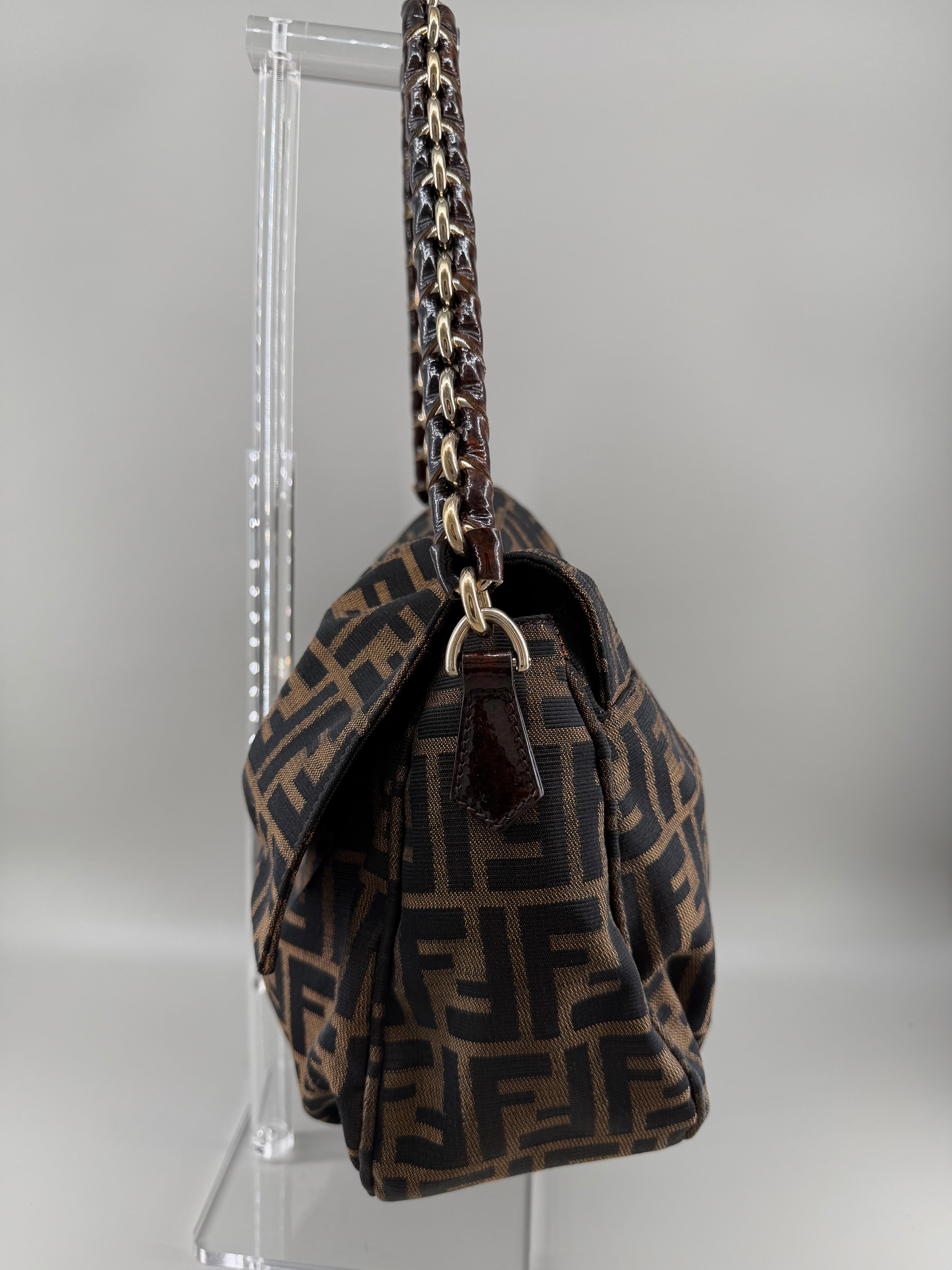 Fendi Mia Zucca Flap Shoulder Bag Tobacco FF Canvas with Oversized Logo Buckle & Dust Bag