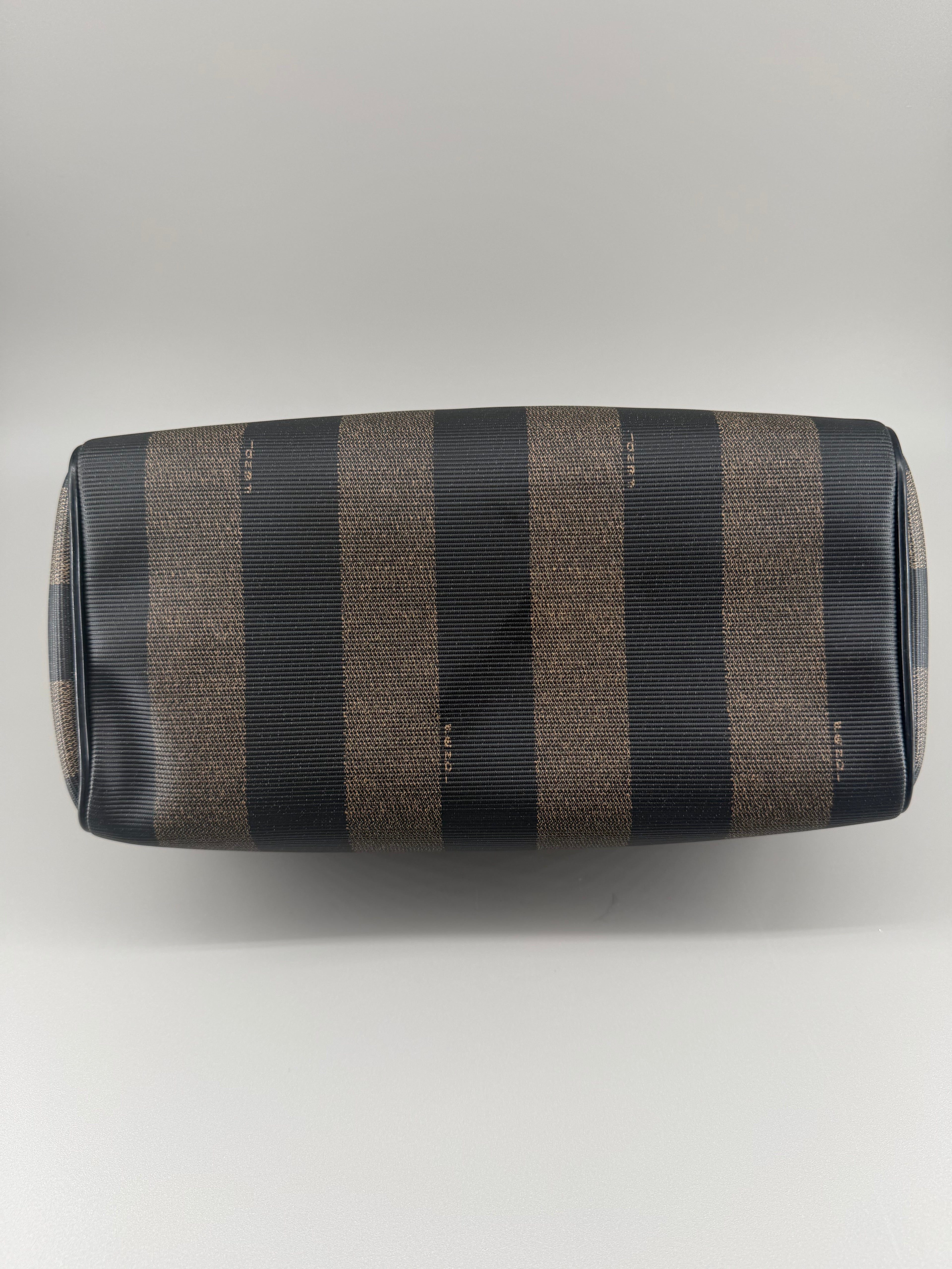 Vintage Fendi Pequin Boston Bag – Black & Brown Striped Canvas with Leather Trim