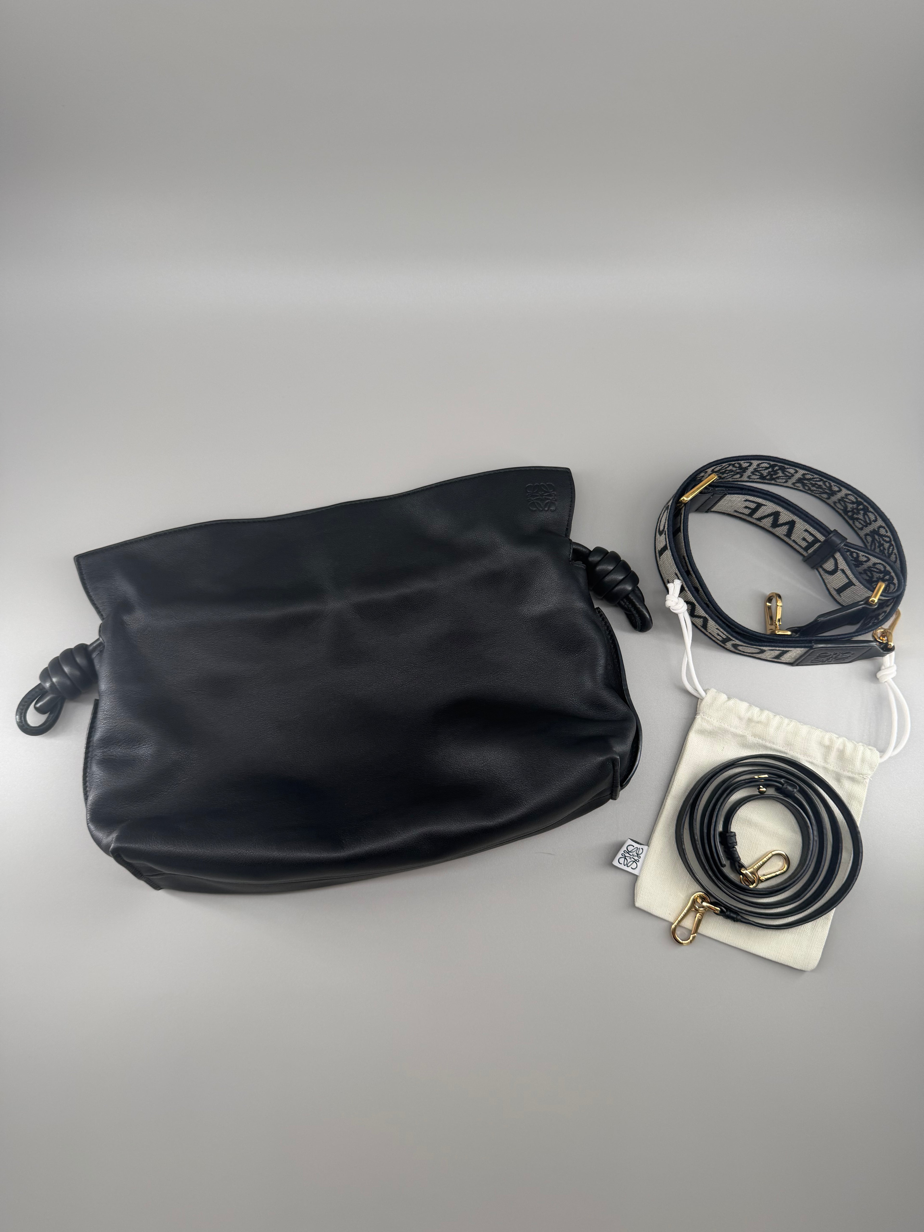 LOEWE Black Leather Flamenco Bag with 2 Way LOEWE Jacquard Strap and Leather