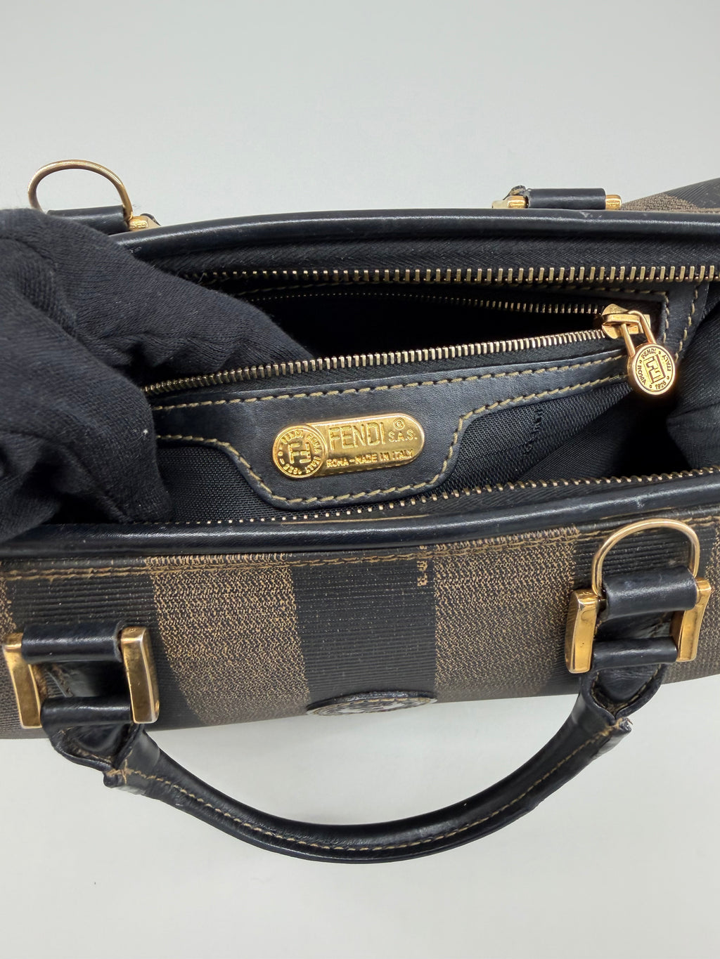 Vintage Fendi Pequin Boston Bag – Black & Brown Striped Canvas with Leather Trim