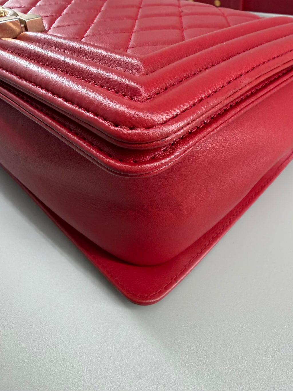Chanel Boy Old Medium Flap Bag Red Quilted Lambskin Leather Aged Gold Hardware 2016-2017